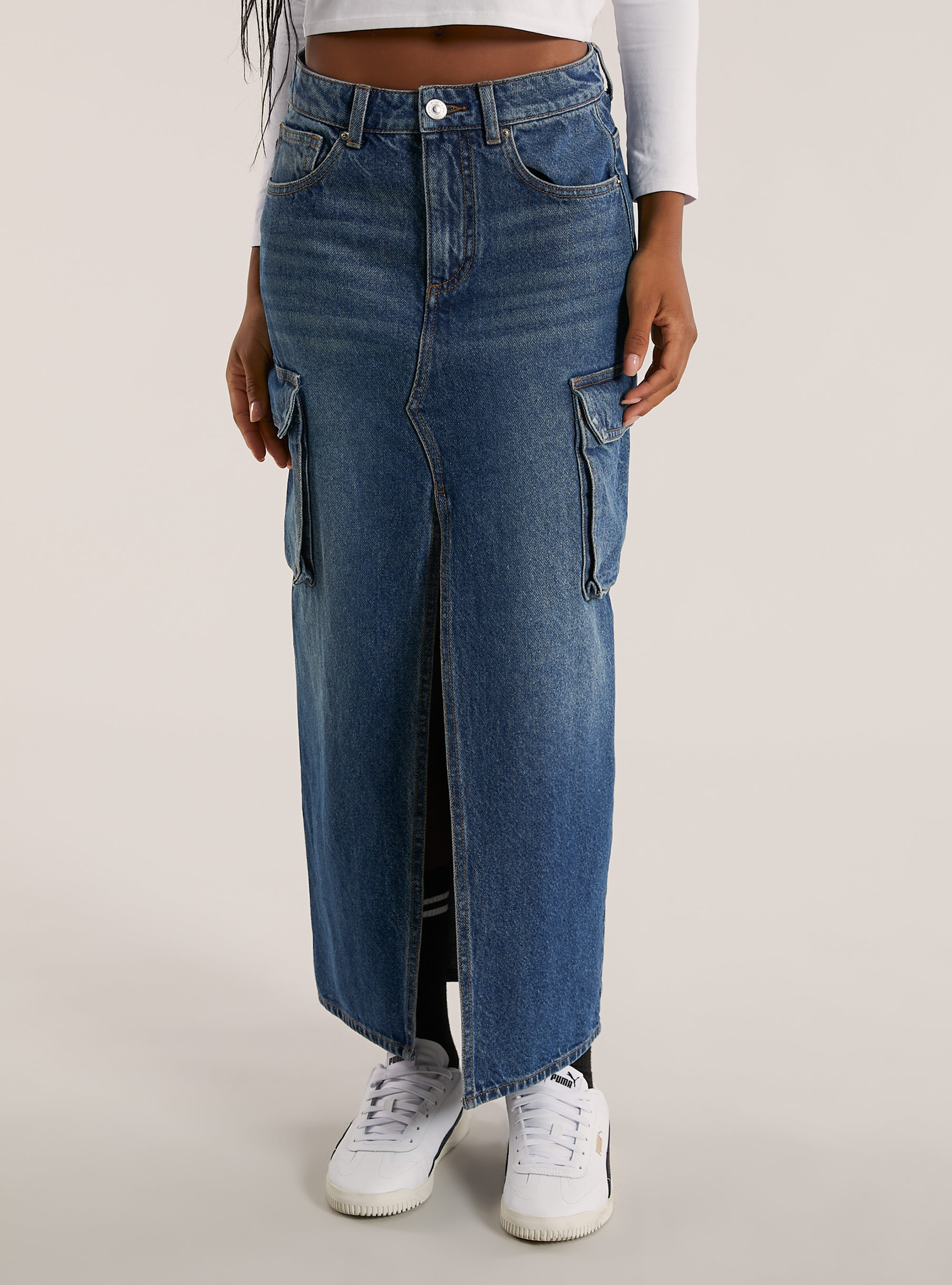 Jupe cargo longuette, D003 MEDIUM BLUE