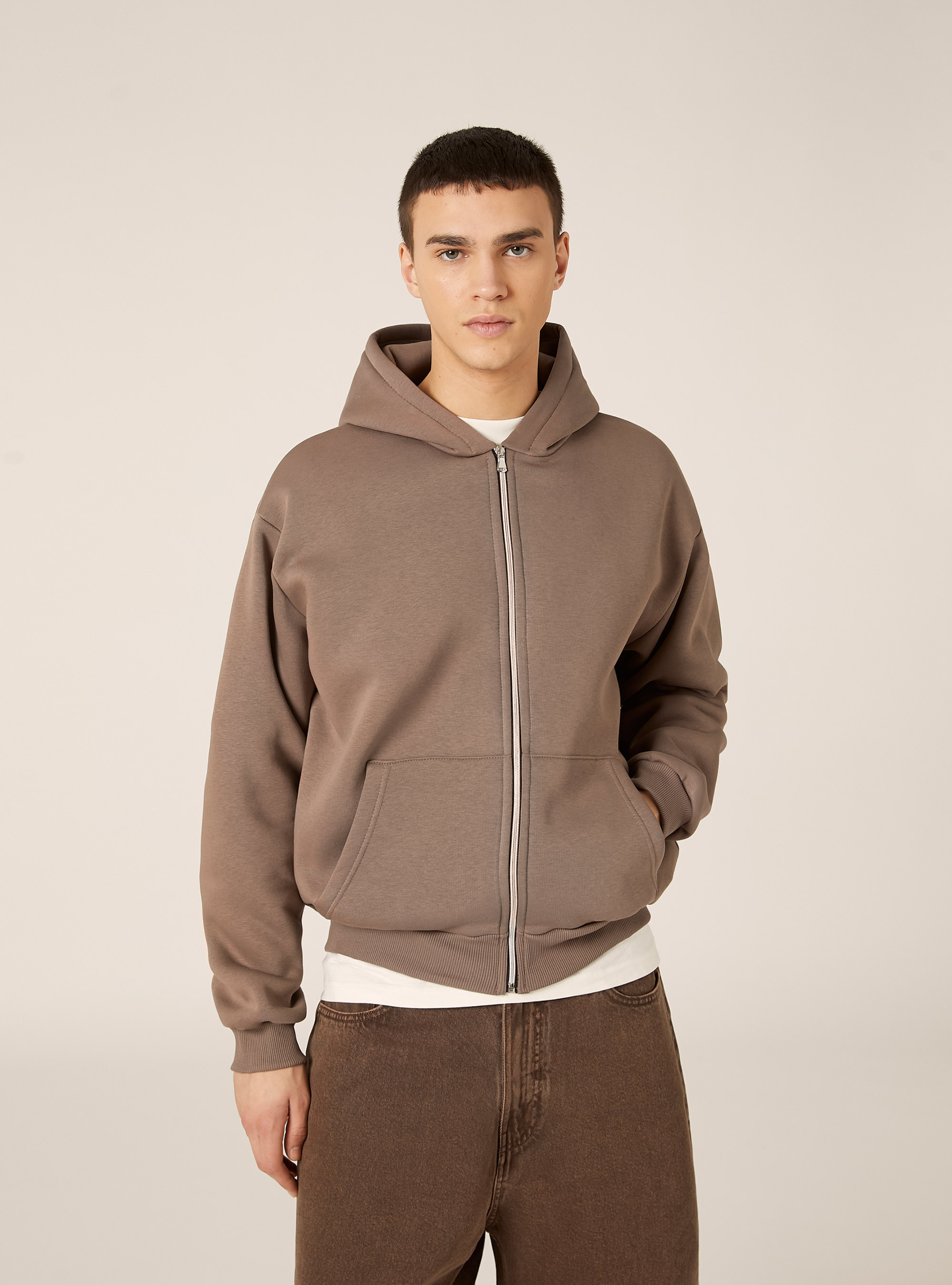 Sweat &agrave; capuche zipp&eacute; coupe boxy, BR2 BROWN MEDIUM