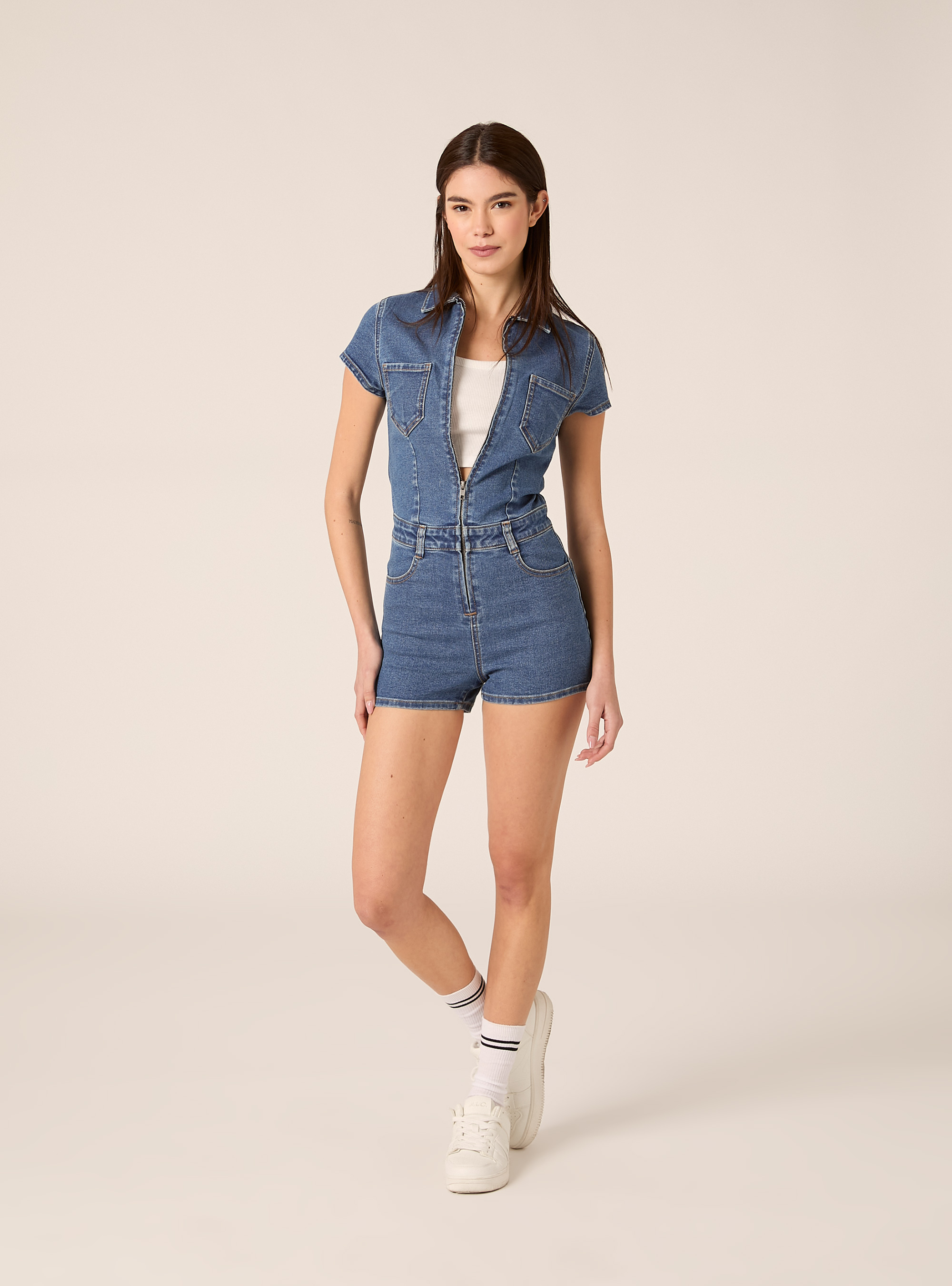 Mono corto de denim, D003 MEDIUM BLUE