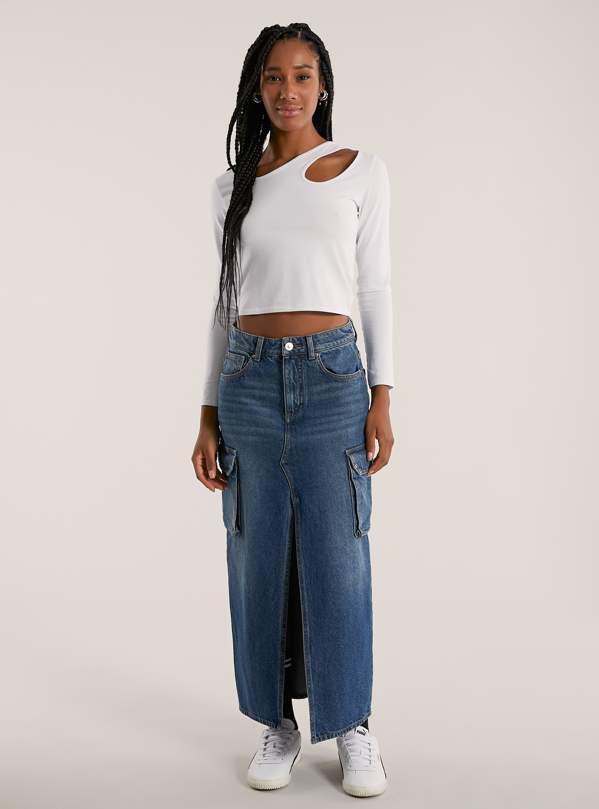 Jupe cargo longuette, D003 MEDIUM BLUE