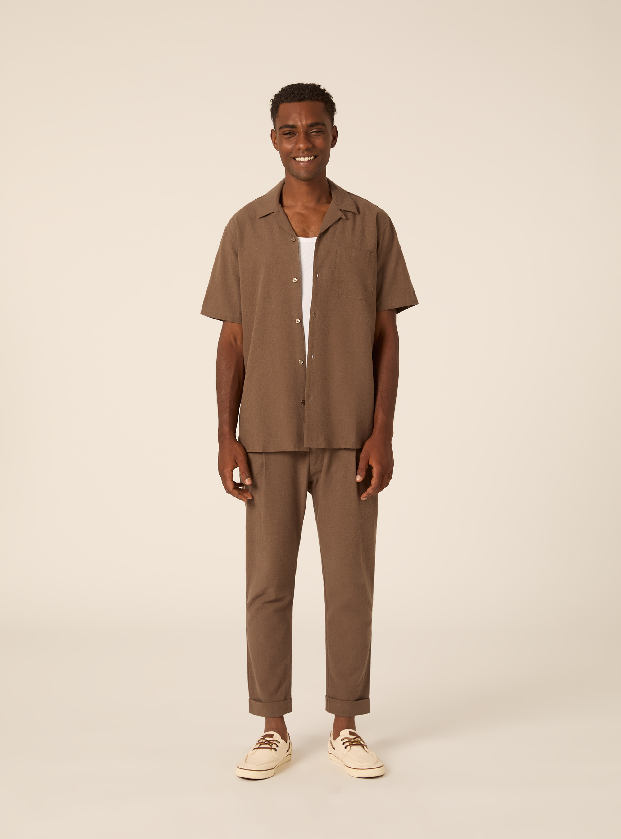 Linen Blend Bowling Shirt, MBR2 BROWN MEL MED