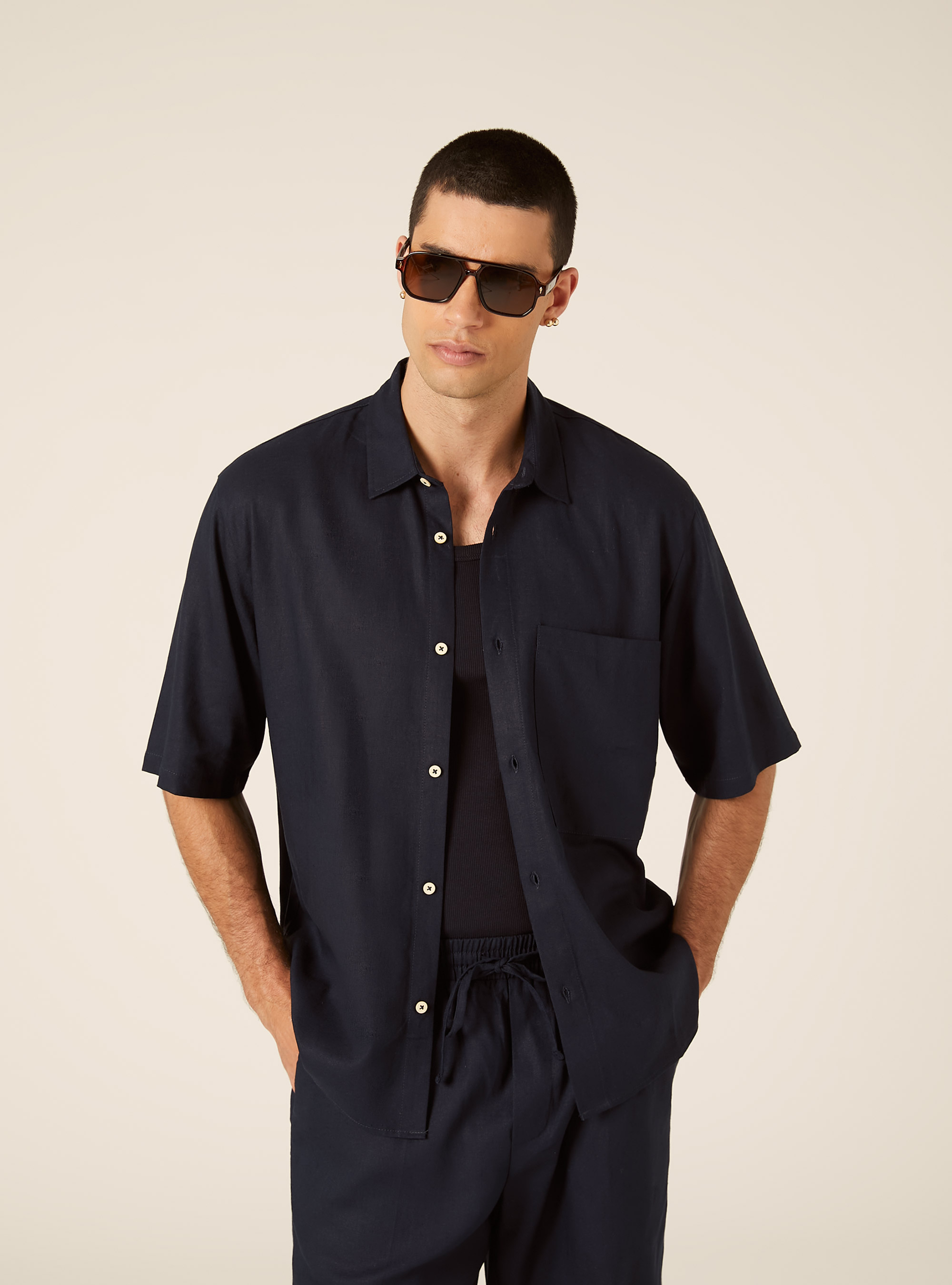 Linen Blend Shirt with Pocket, NA1 NAVY DARK