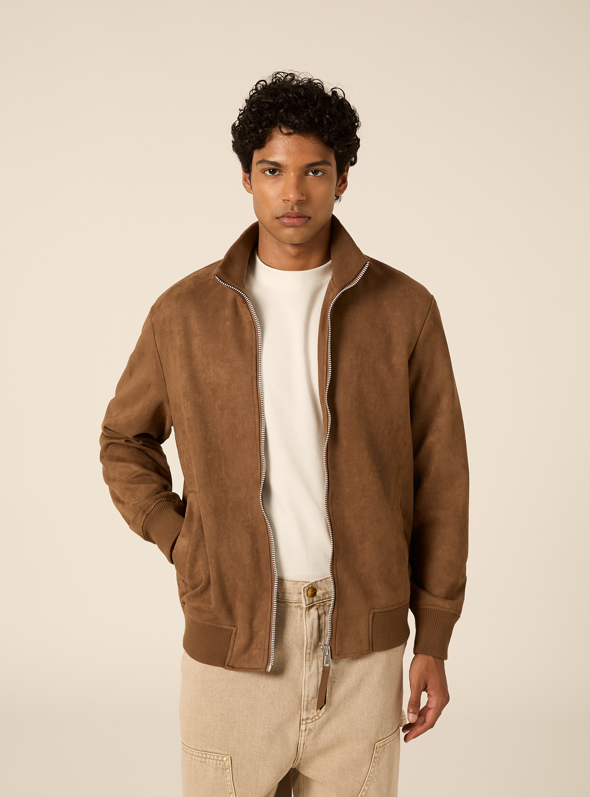 Faux suede high neck zip jacket, TB2 TOBACCO MEDIUM