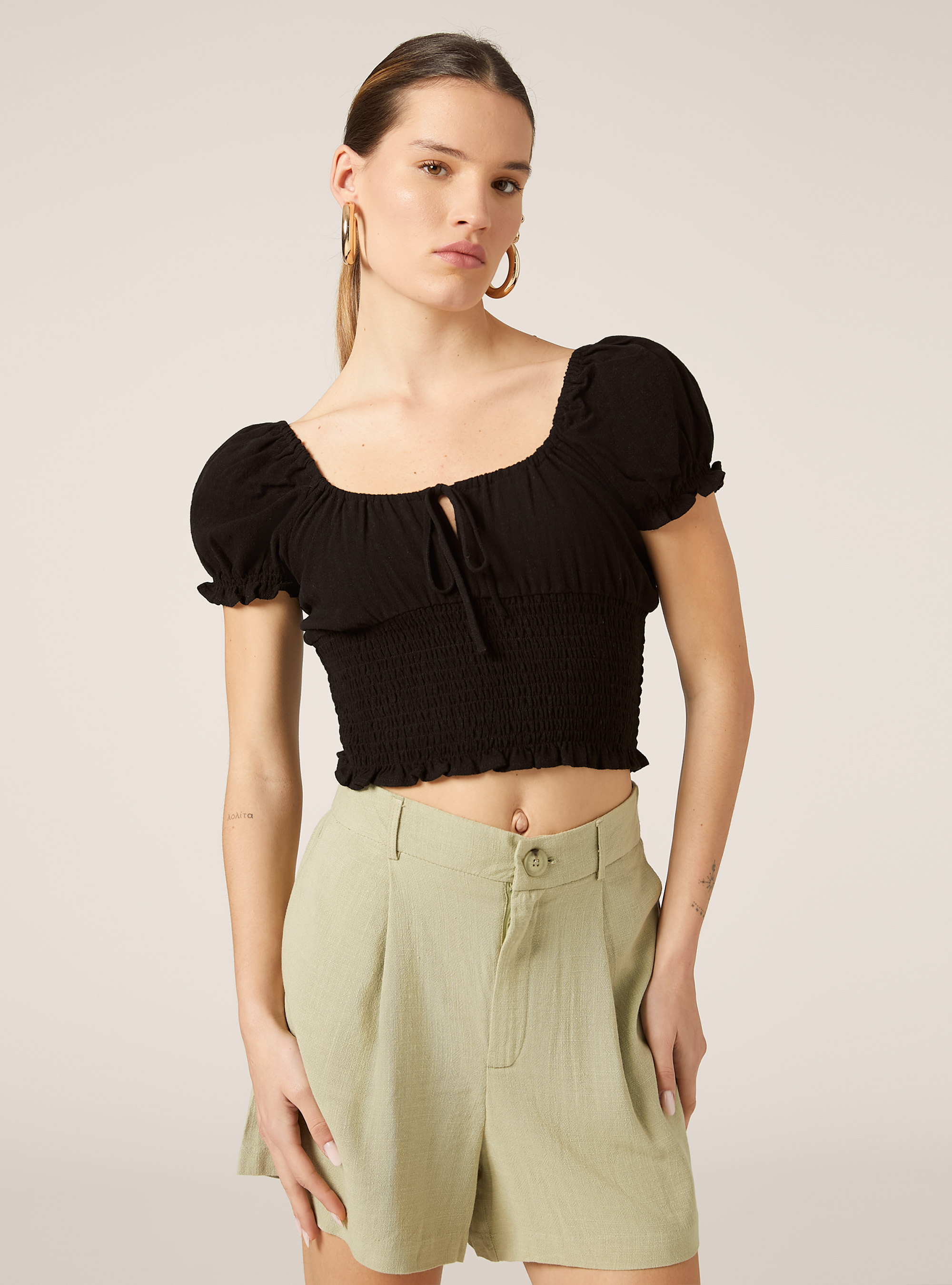 Linen blend blouse, BK1 BLACK