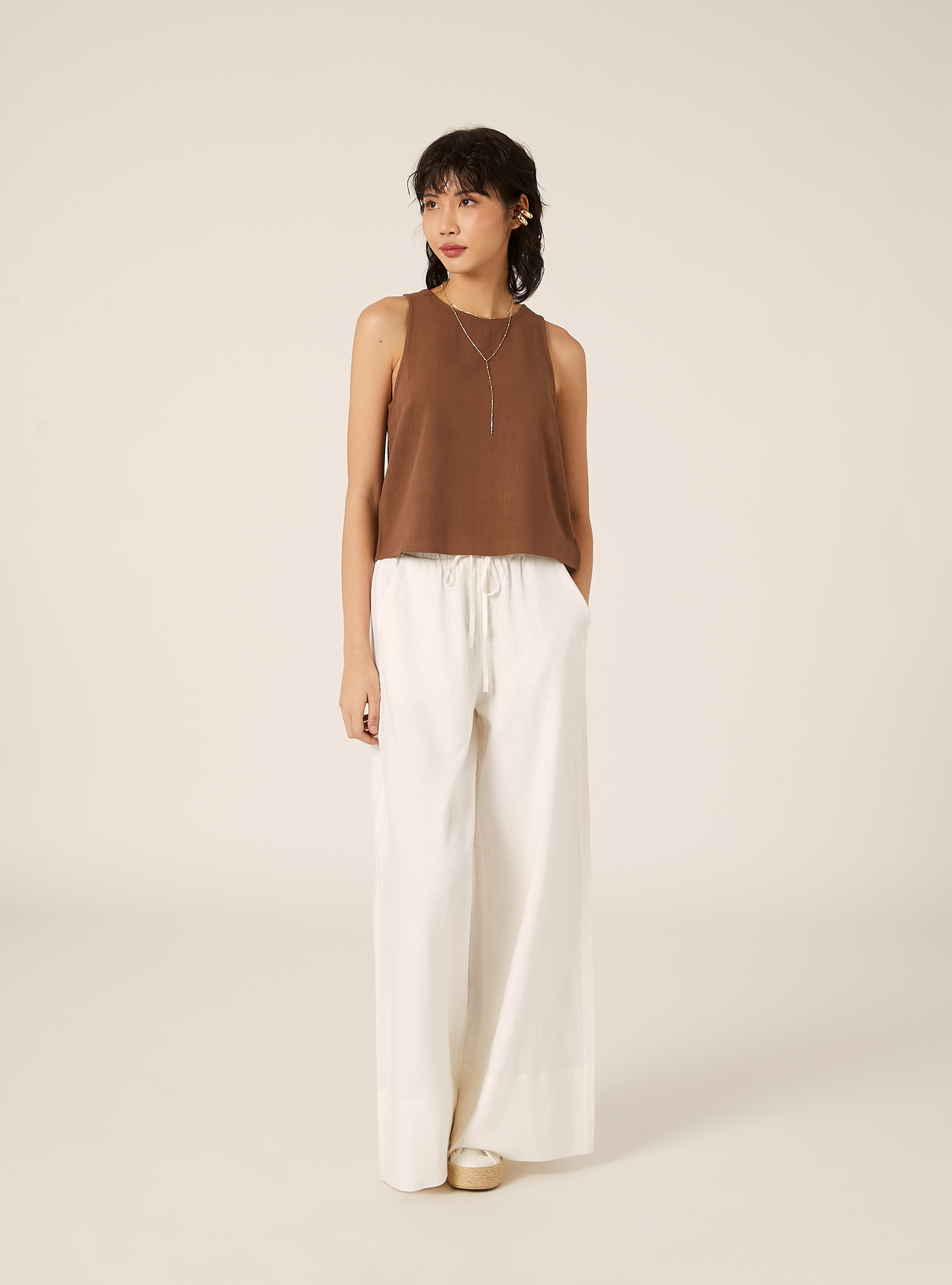 Top de Tirantes B&aacute;sico de Mezcla de Lino, BR2 BROWN MEDIUM