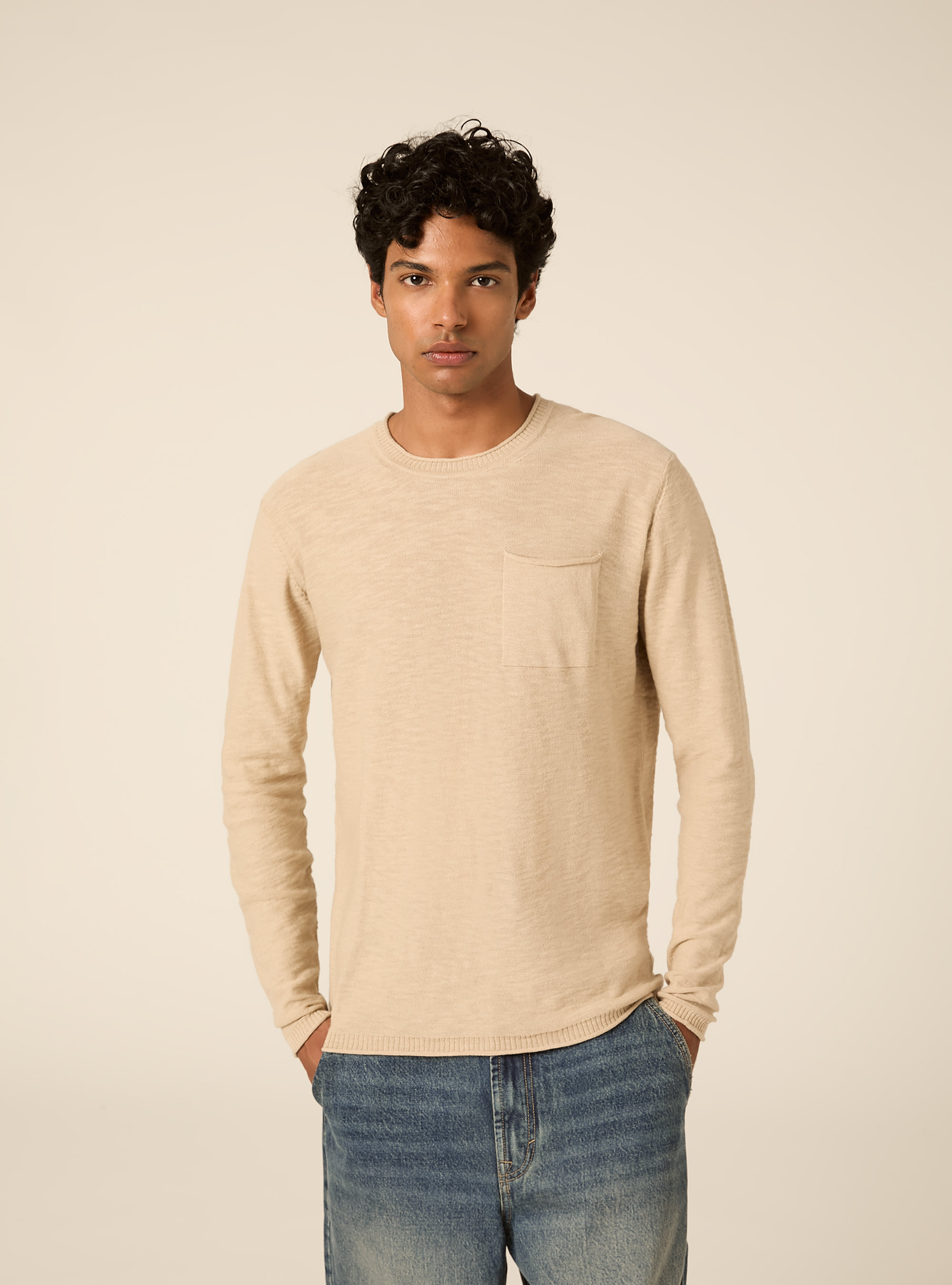 Jersey ligero de cuello redondo con bolsillo, BG2 BEIGE MEDIUM