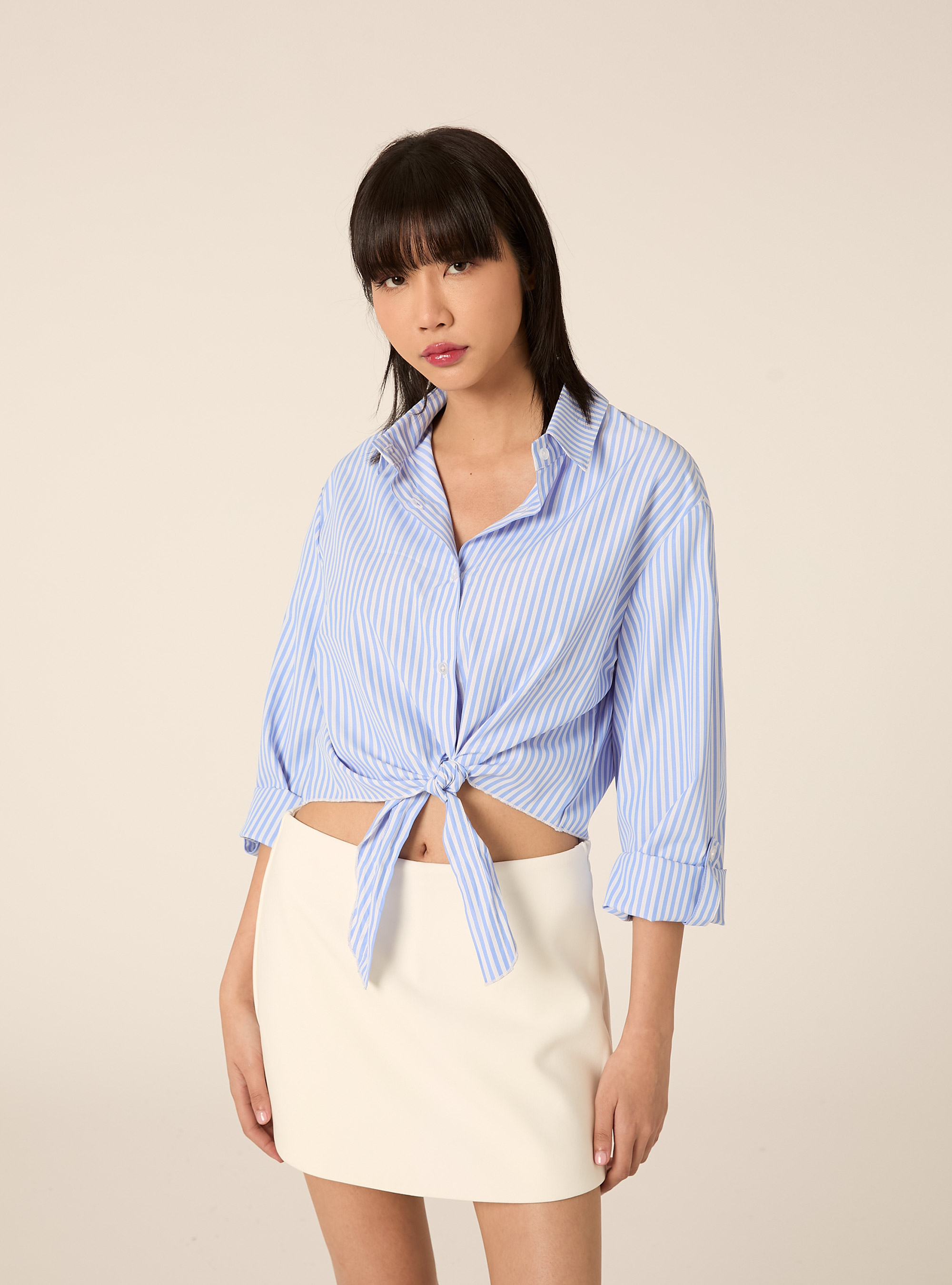 Camicia cropped a righe, AZZURRO CHIARO