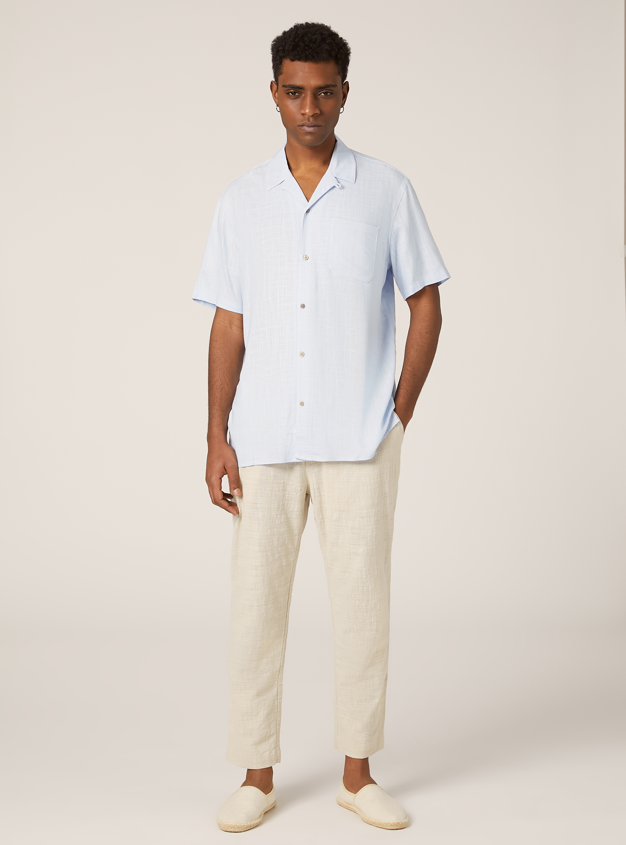 Chemise en lin m&eacute;lang&eacute; avec col bowling, AZ2 AZURE MEDIUM