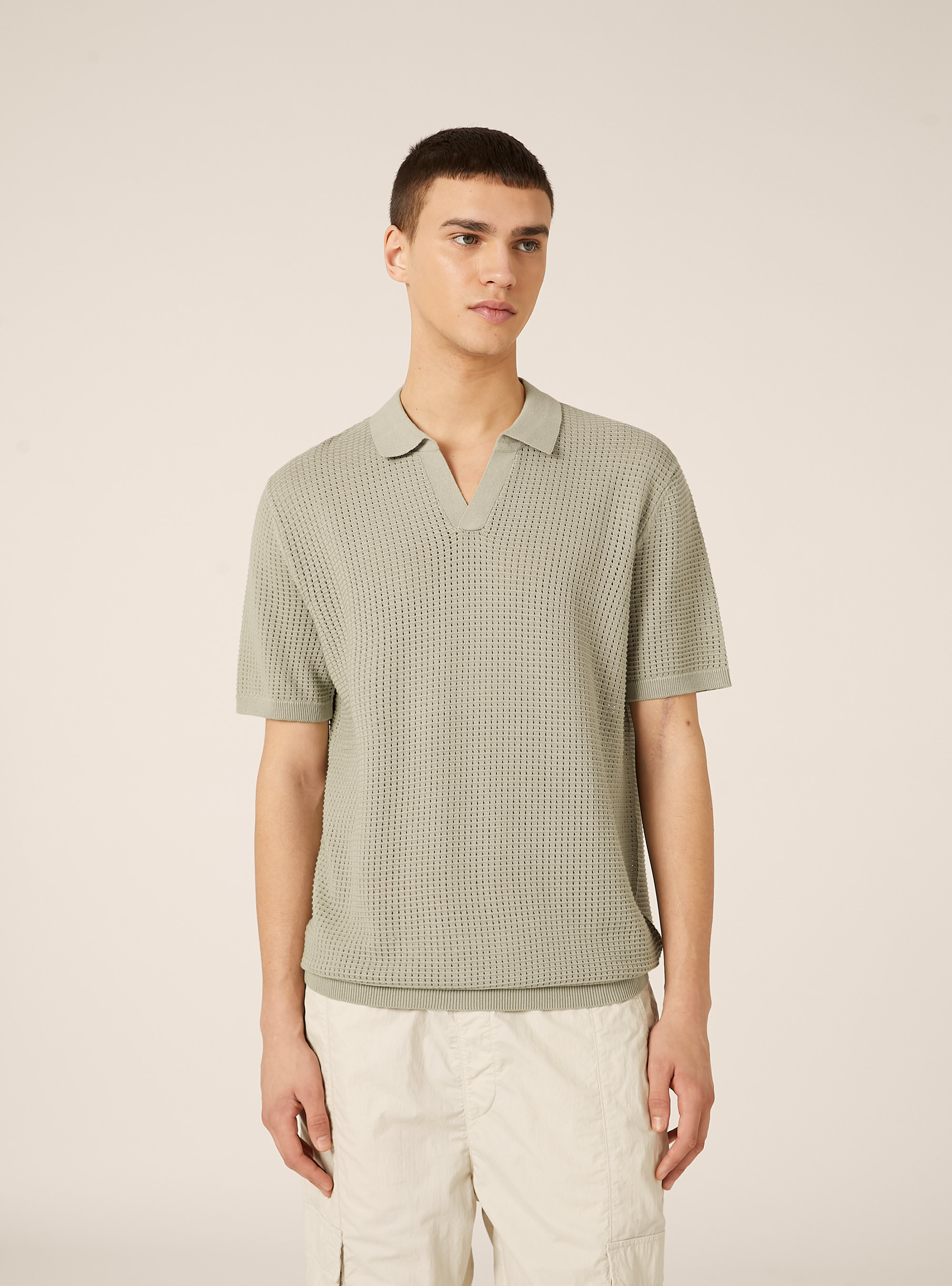 Openwork Knit Polo Shirt, SG3 SAGE LIGHT