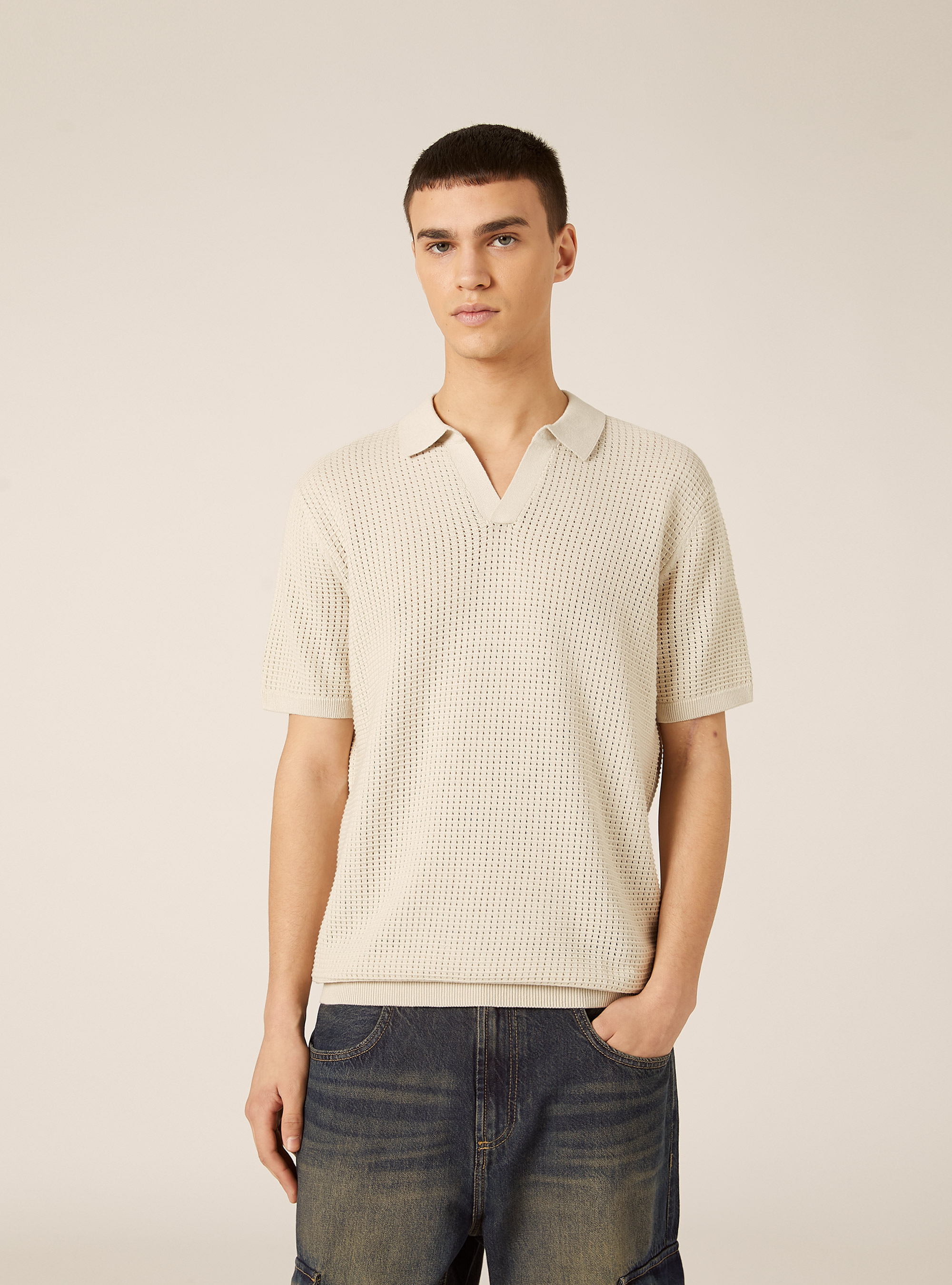 Openwork Knit Polo Shirt, CR3 CREAM LIGHT