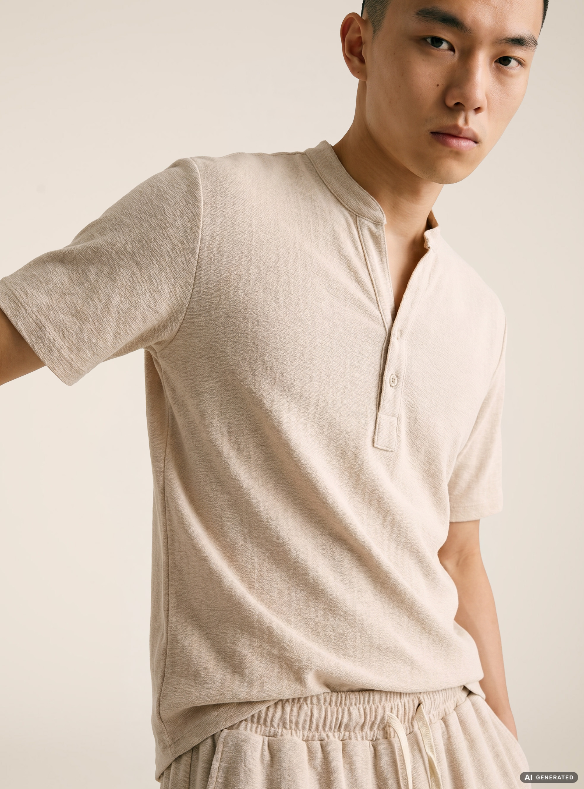 Camicia collo coreano mezza placchetta in jersey, BG3 BEIGE LIGHT