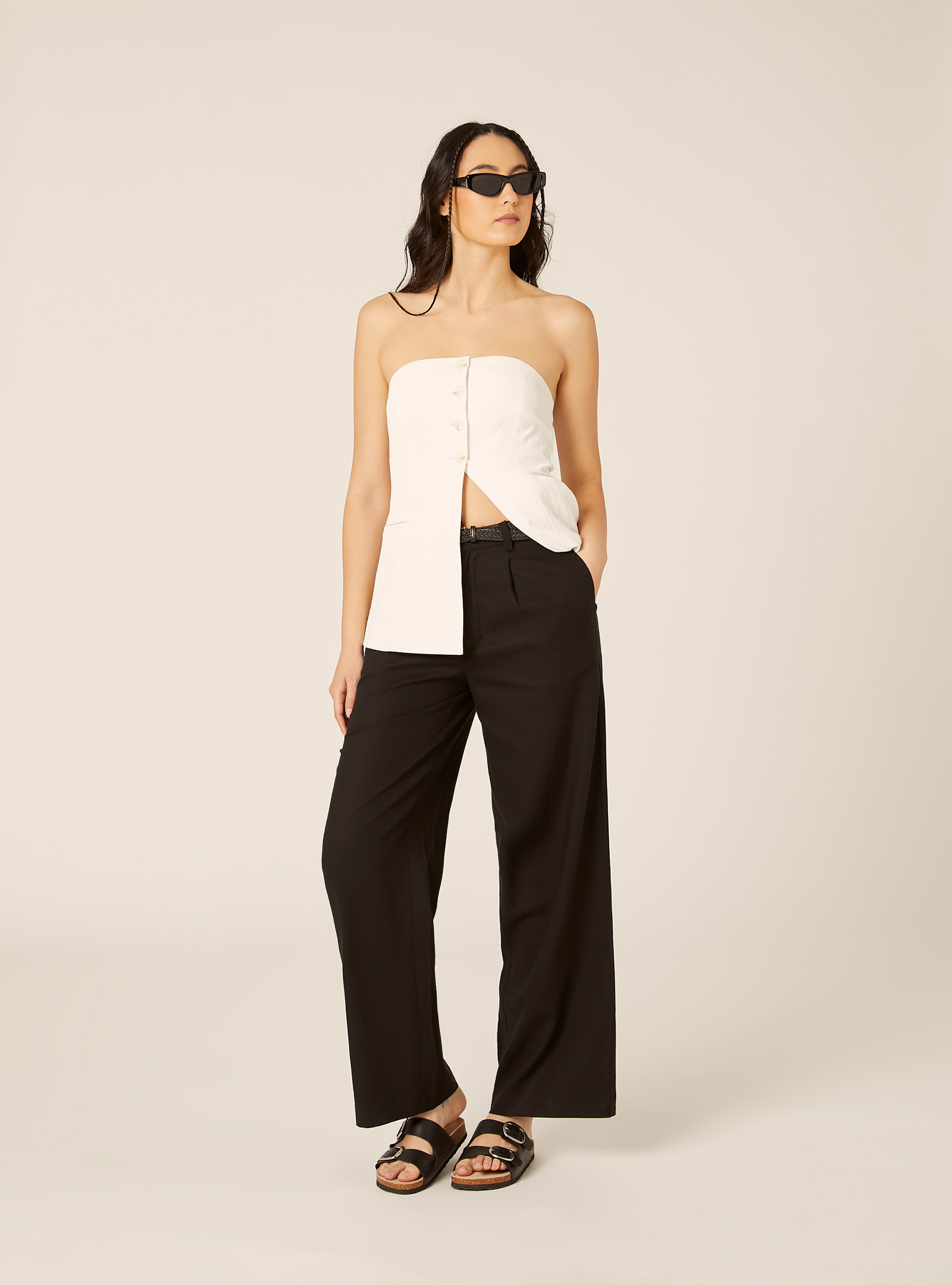 Linen Blend Trousers with Belt, BK1 BLACK