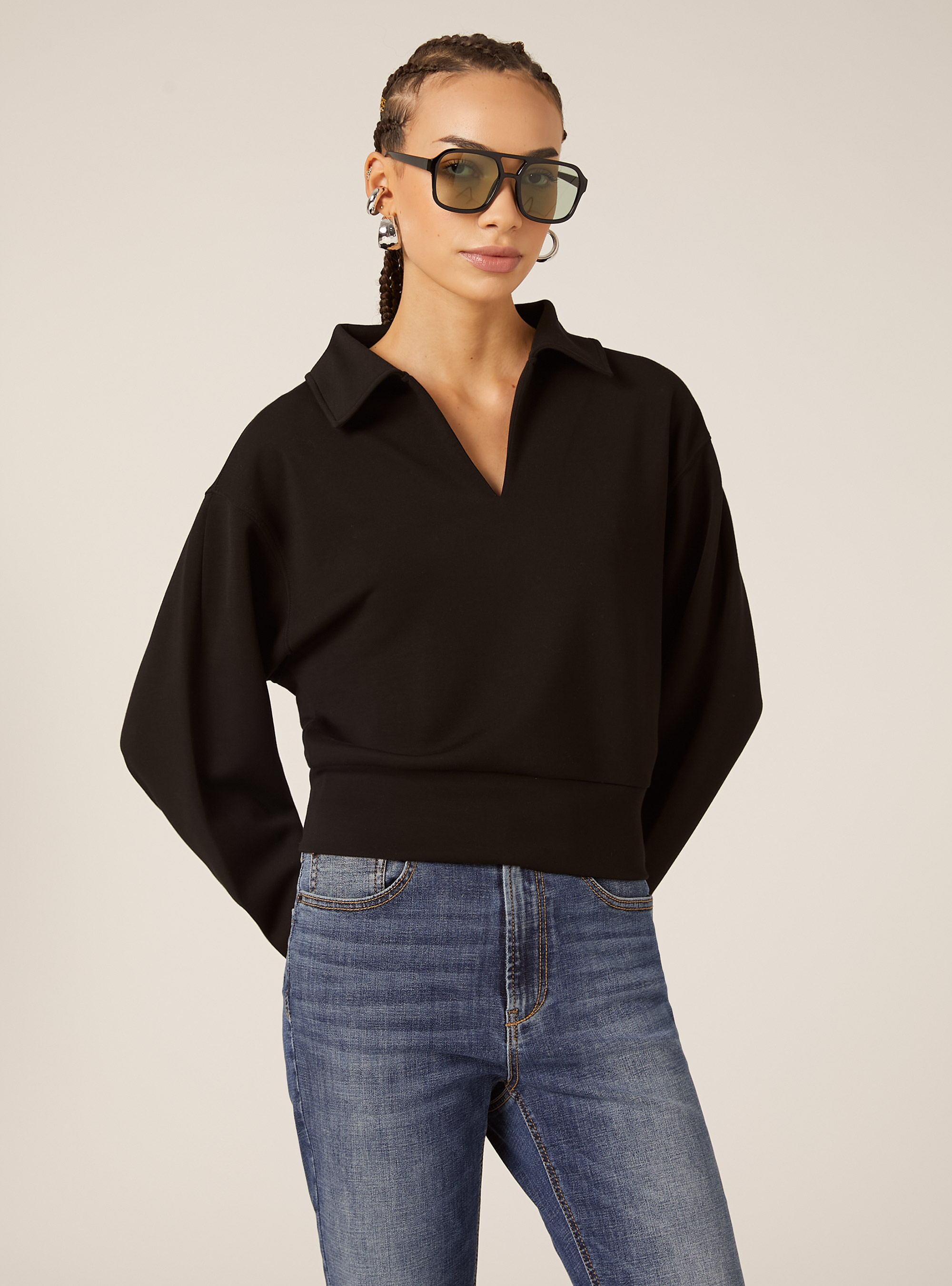 Sweat-shirt &agrave; col polo, BK1 BLACK