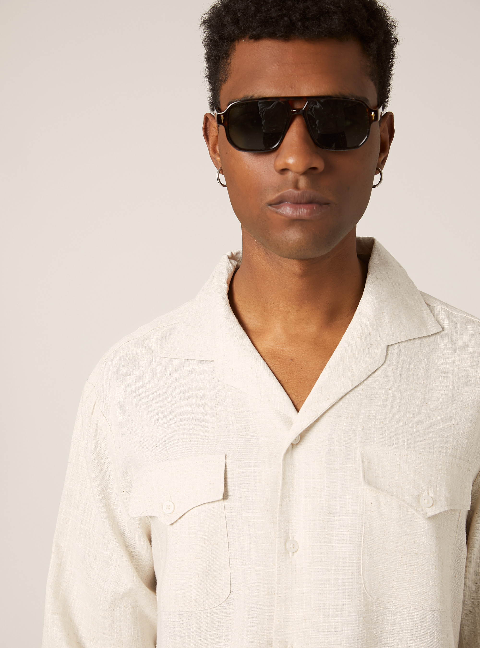 Camicia in misto lino con taschini, BEIGE CHIARO MELANGE