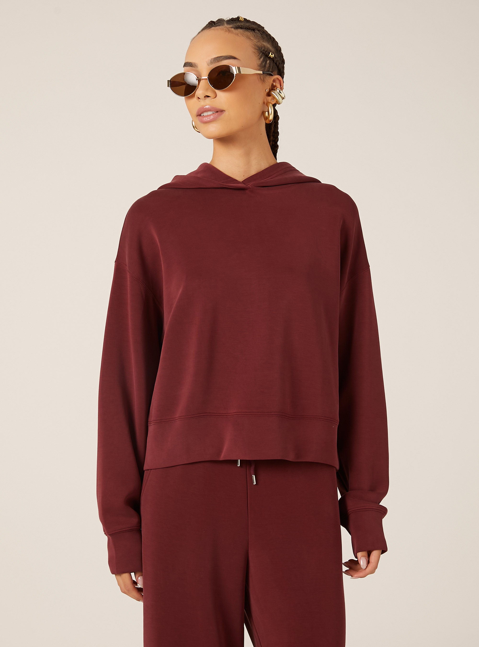 Pull court en molleton doux au toucher, BO1 BORDEAUX DARK