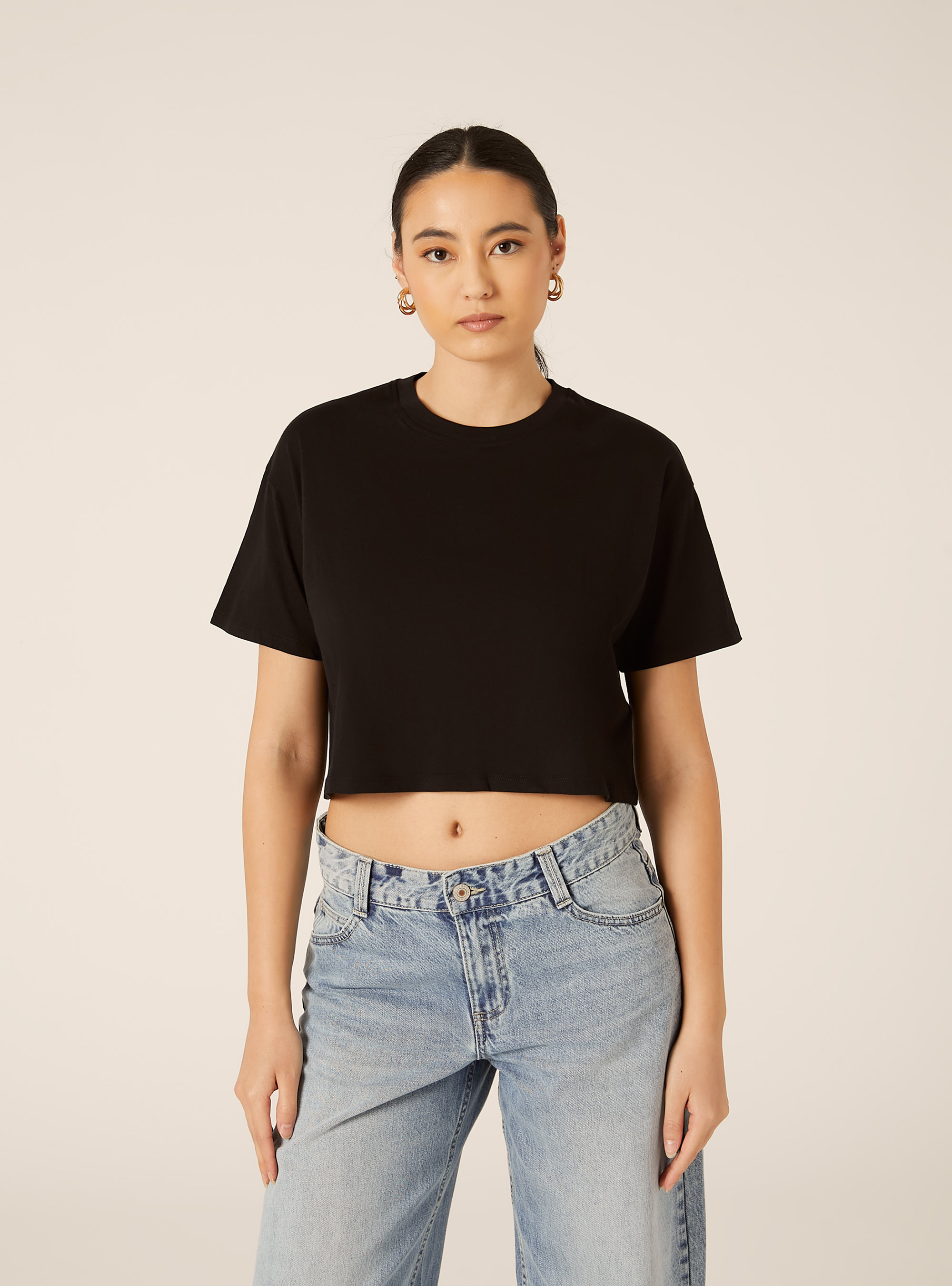 Basic Crew Neck Cropped T-Shirt, BK1 BLACK