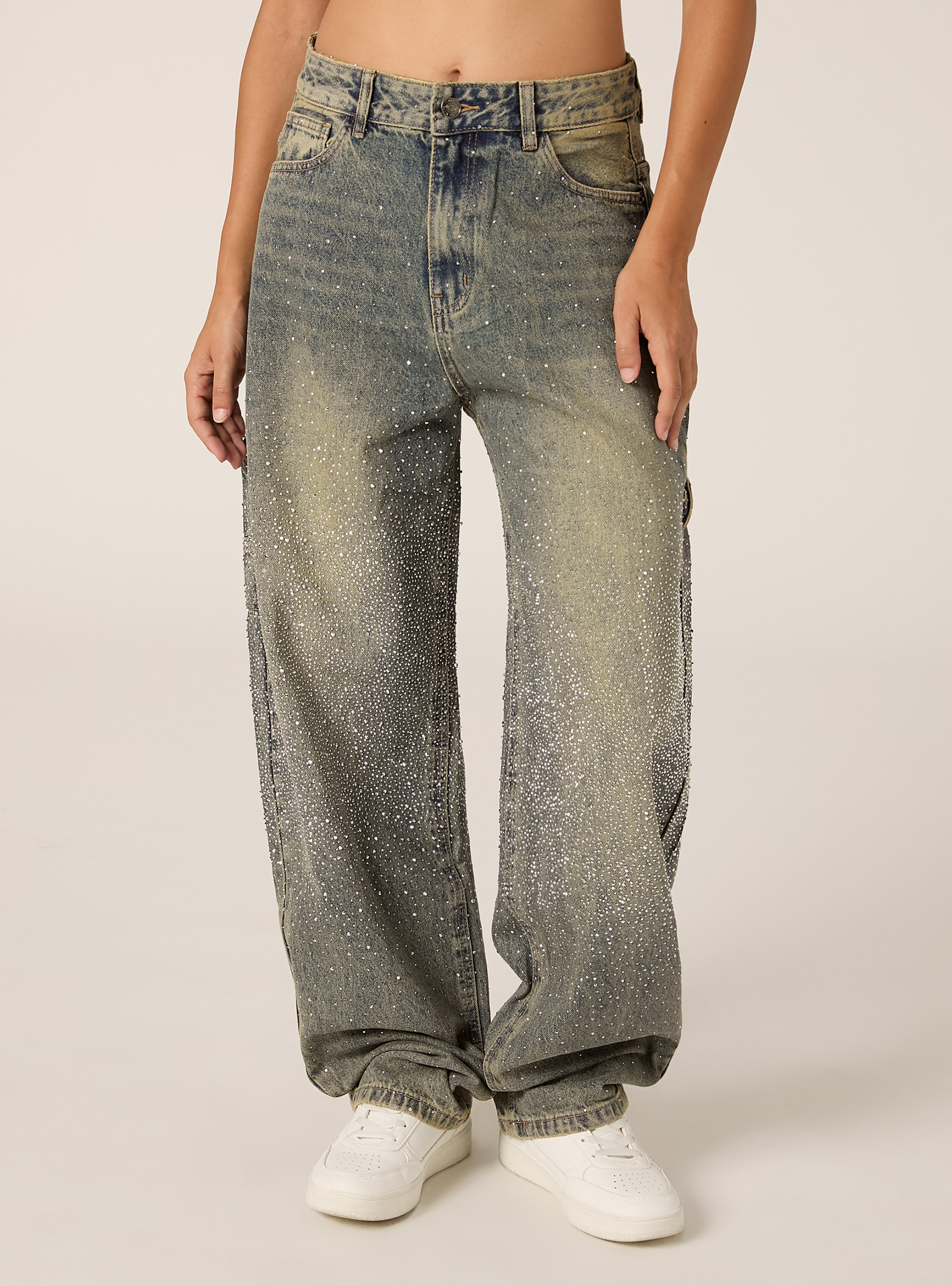 Vaqueros anchos de carpintero con strass, D201 AZZURRE MED OVERDYE