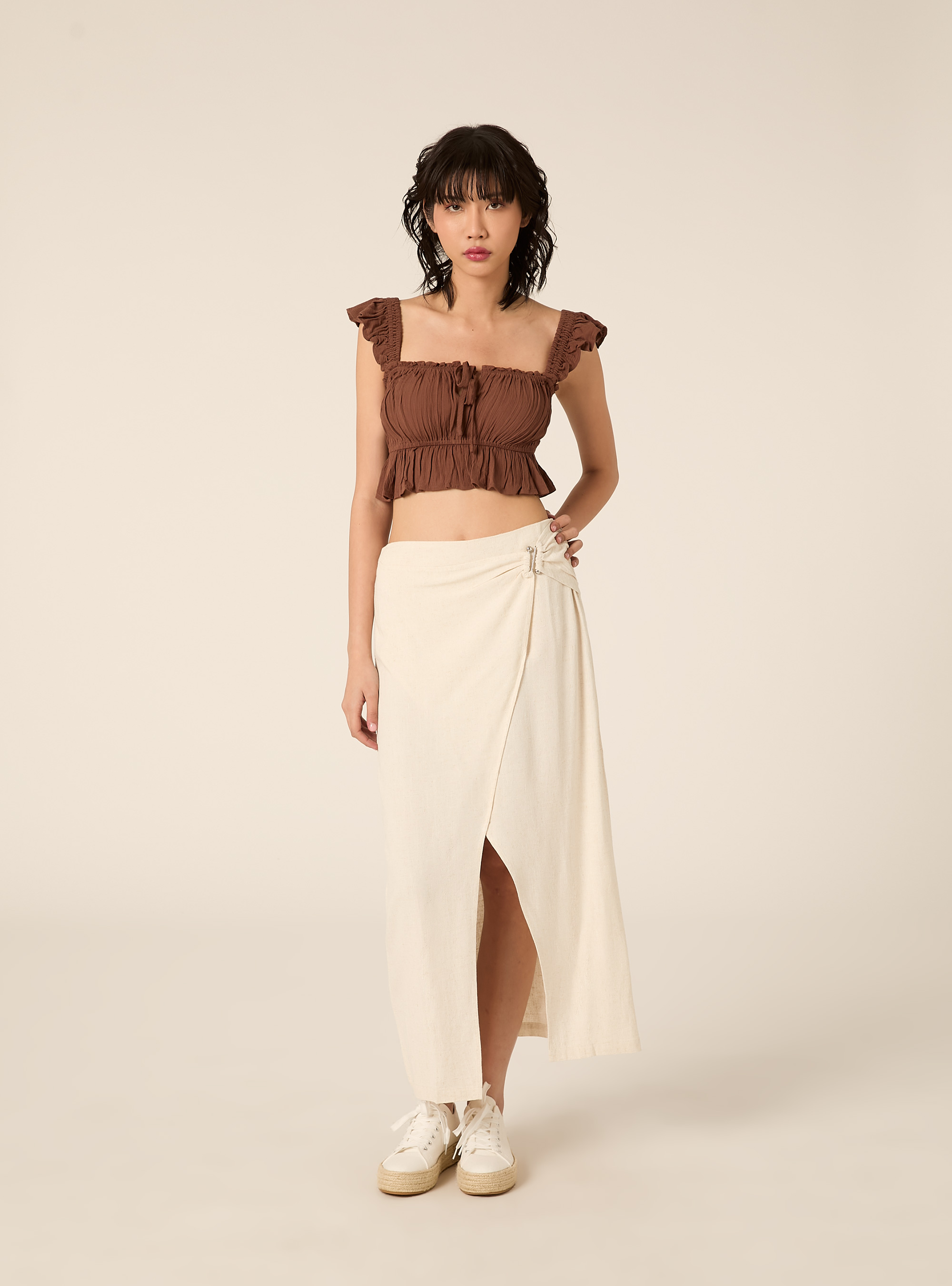 Falda midi asim&eacute;trica en mezcla de lino, MBG3 BEIGE MEL LIGHT