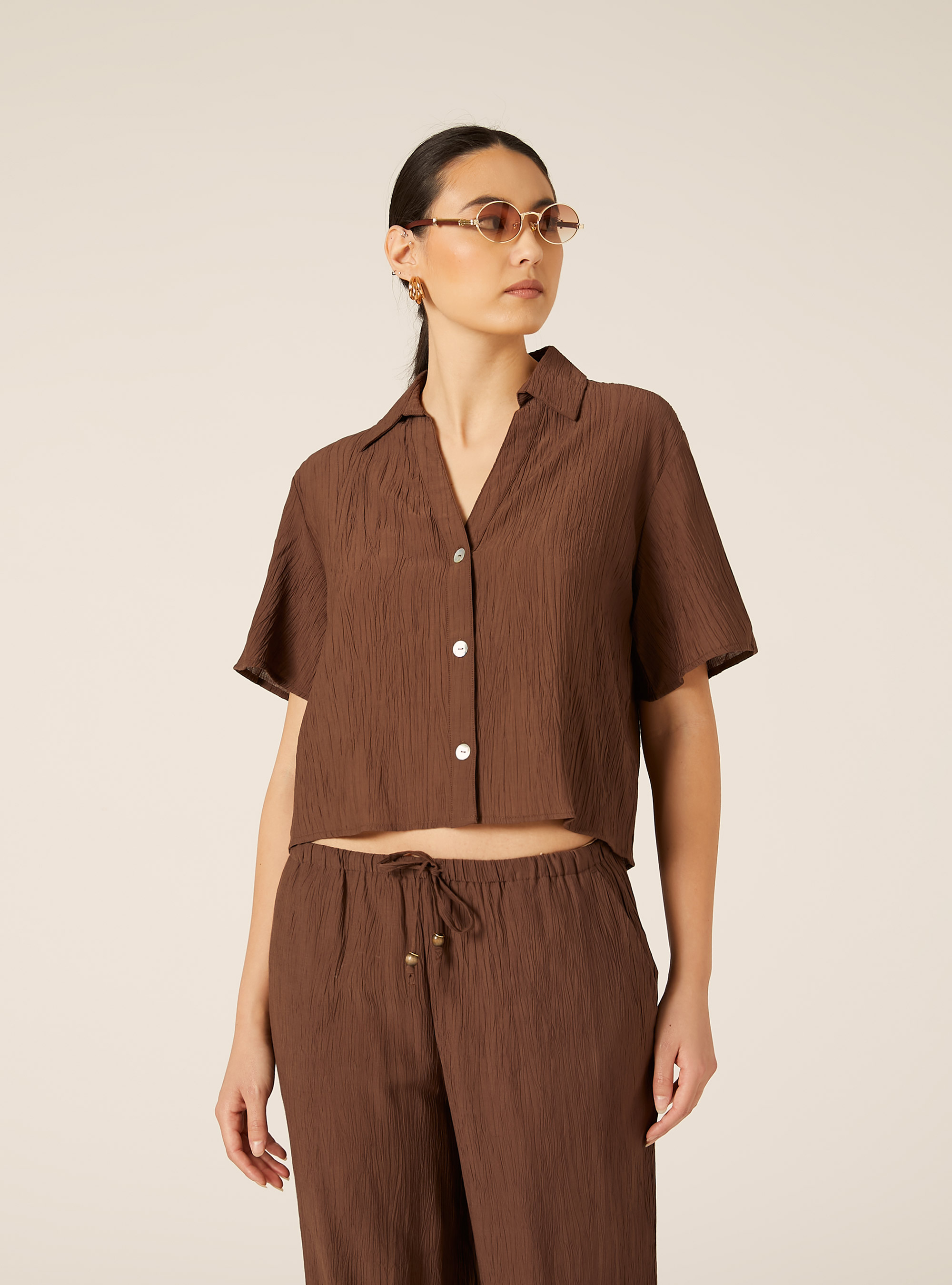 Camicia maniche corte in crepe, BR2 BROWN MEDIUM