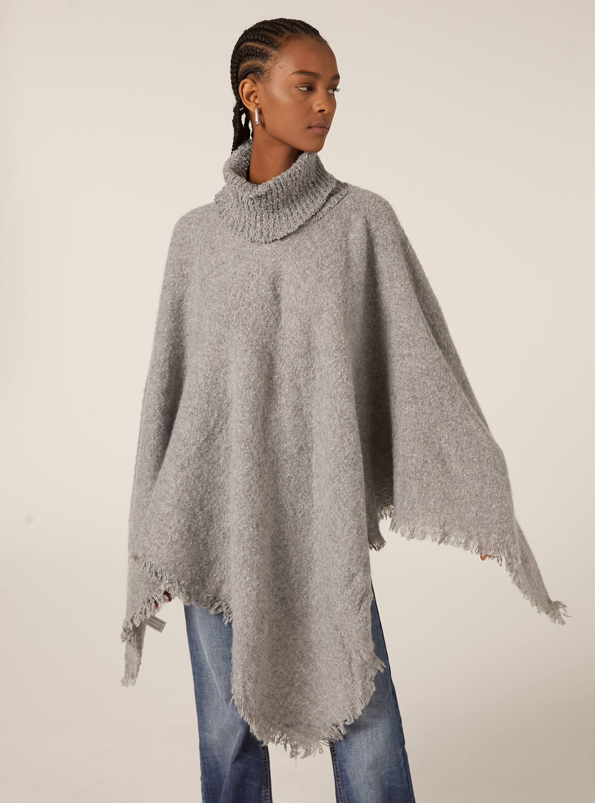Poncho doux au toucher &agrave; col montant, MGY2 GREY MEL MEDIUM