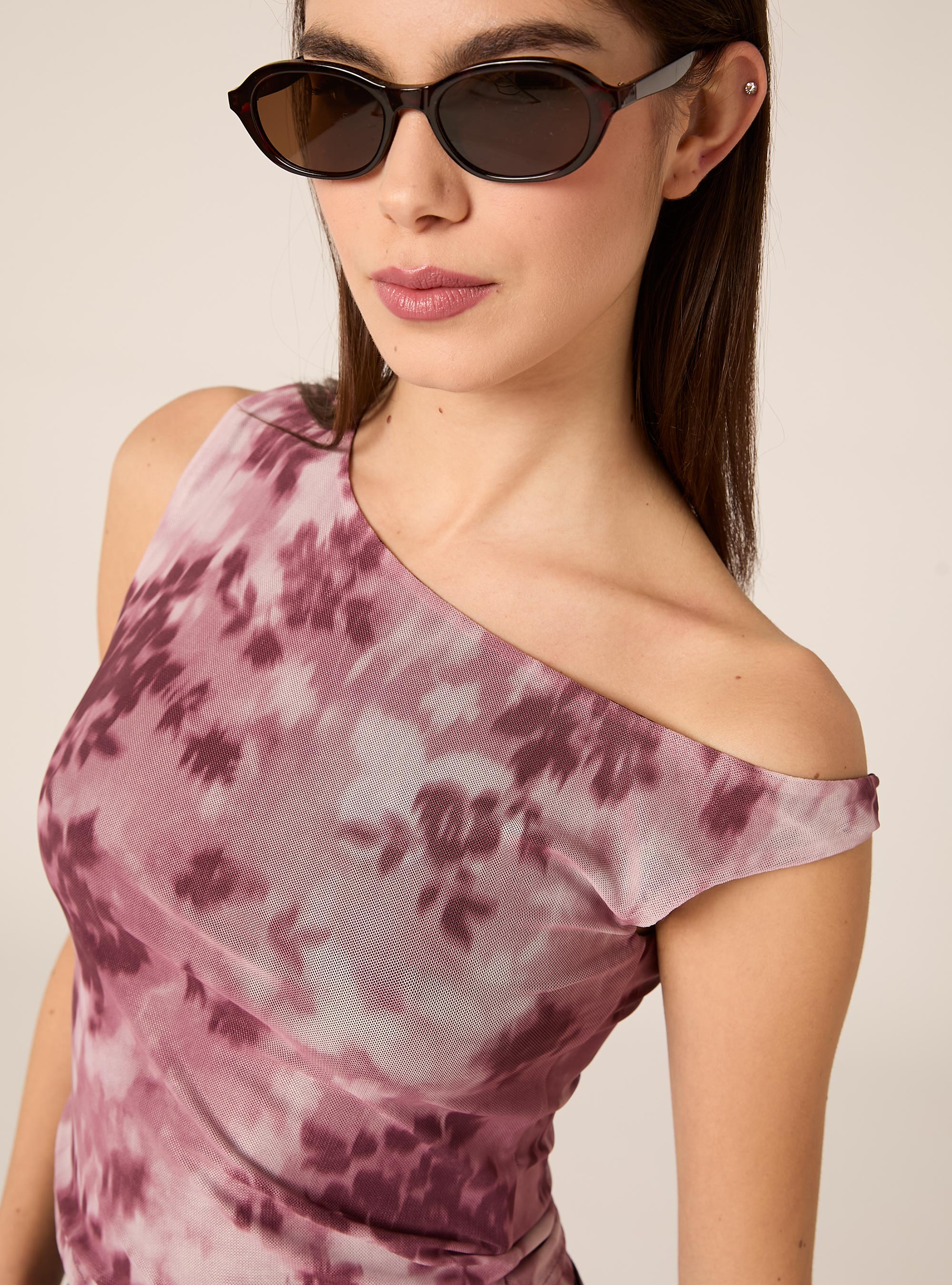 Camiseta asim&eacute;trica de tul, PK1 PINK DARK