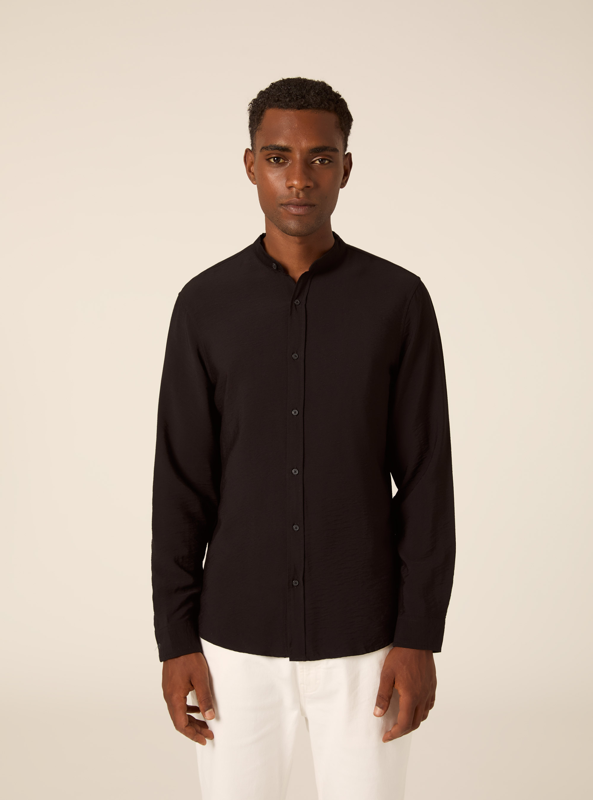 Regular Fit Mandarin Collar Shirt, BK1 BLACK