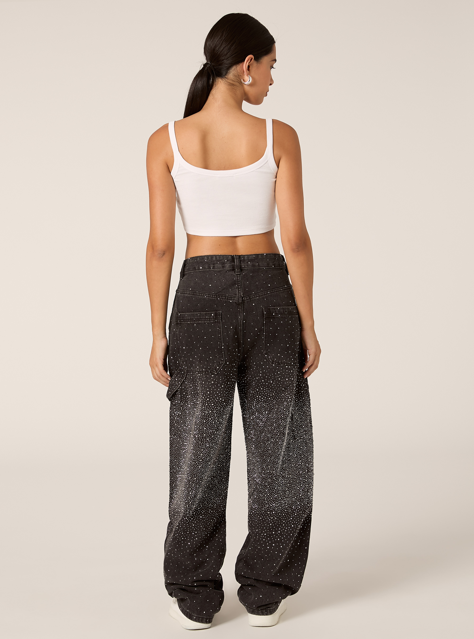 Jean baggy charpentier avec strass, D000 BLACK