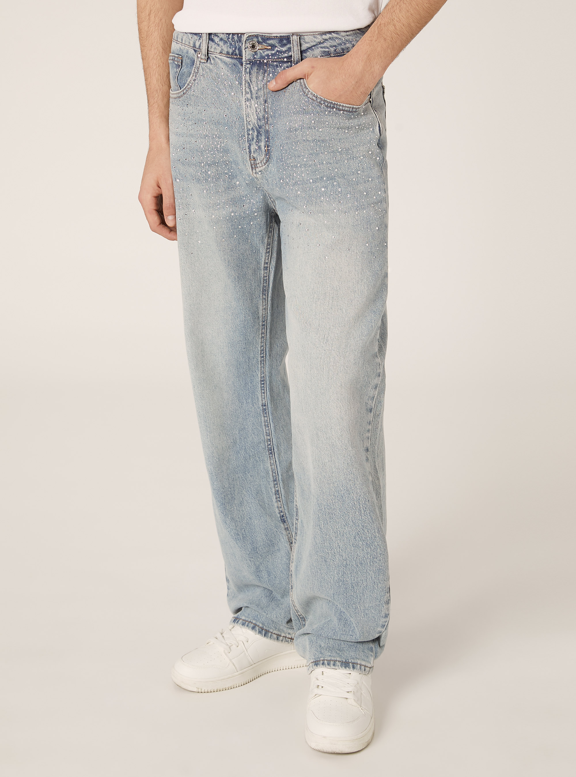 Jean droit &agrave; strass, D006 AZURE