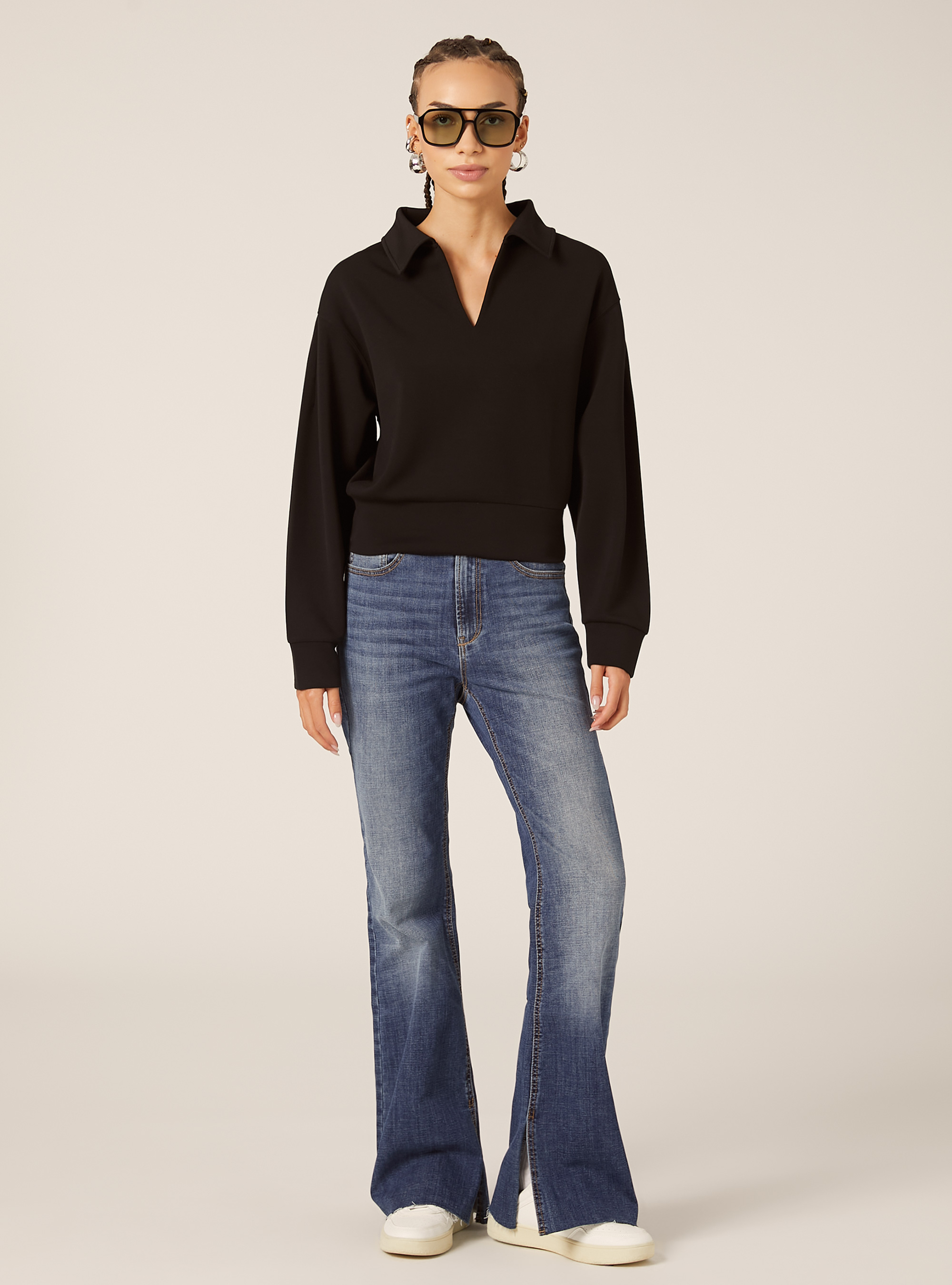 Sweat-shirt &agrave; col polo, BK1 BLACK
