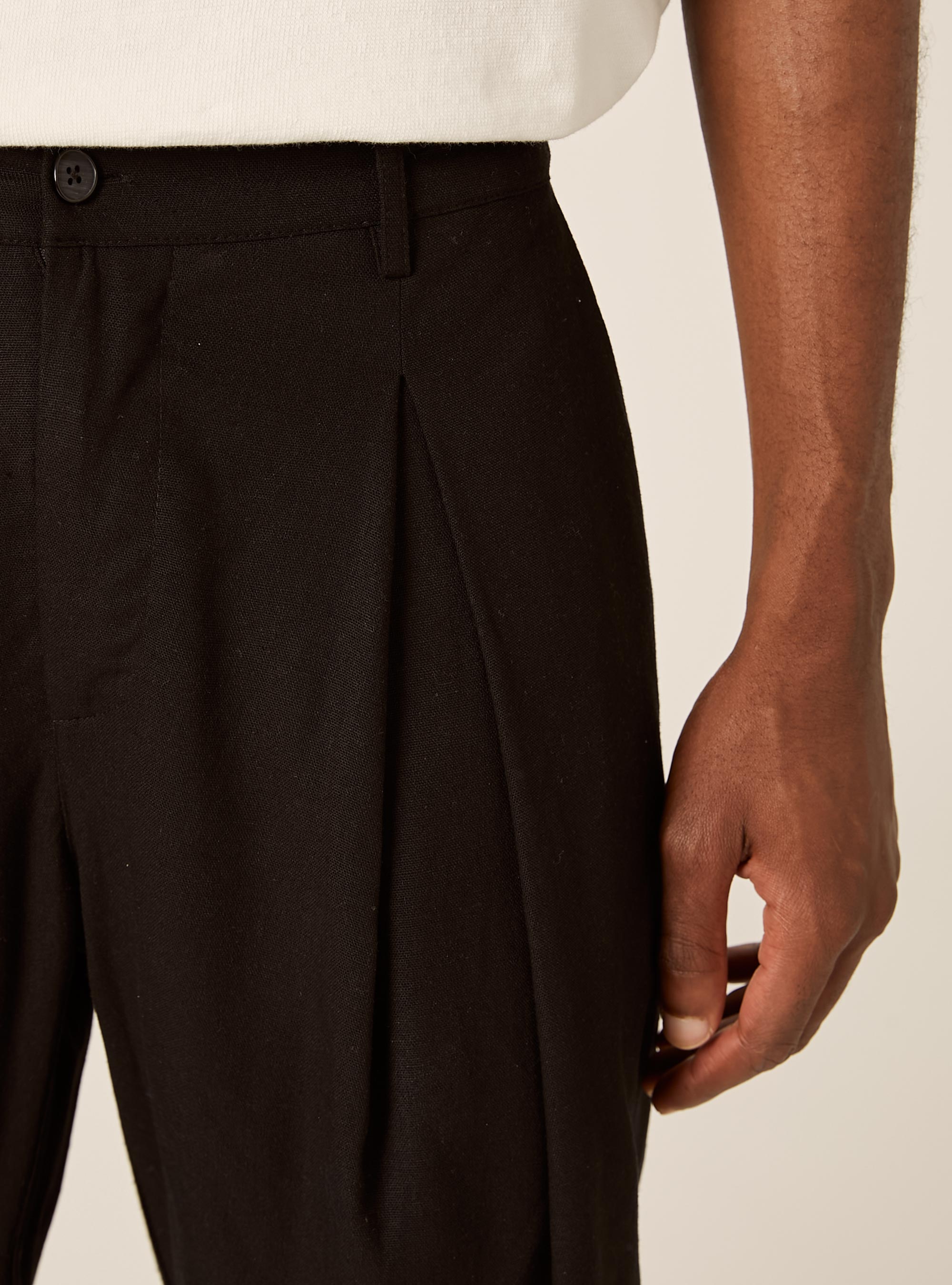 Linen Blend Pleated Trousers, BK1 BLACK