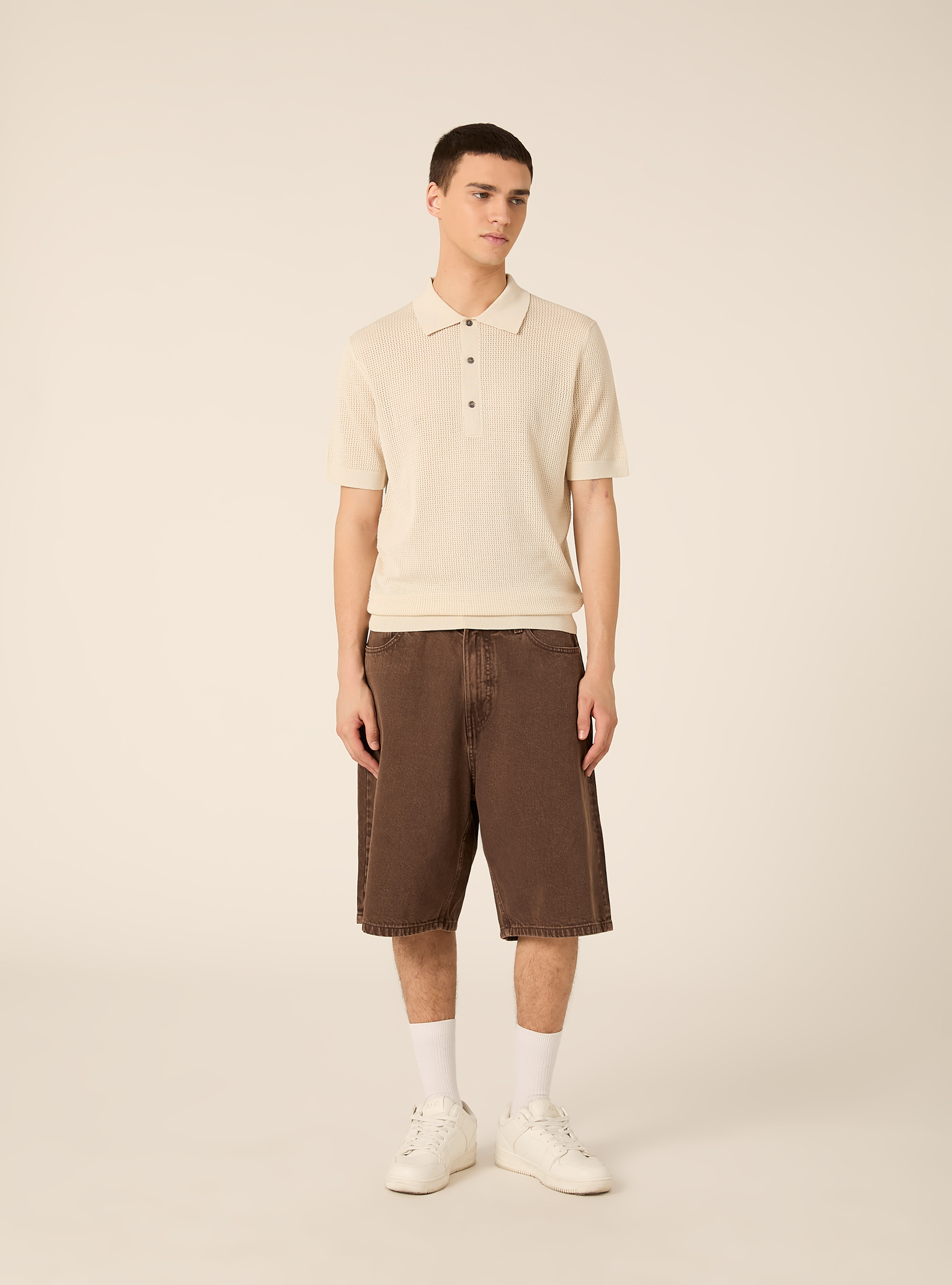Maglia polo in crochet in misto viscosa, CR3 CREAM LIGHT