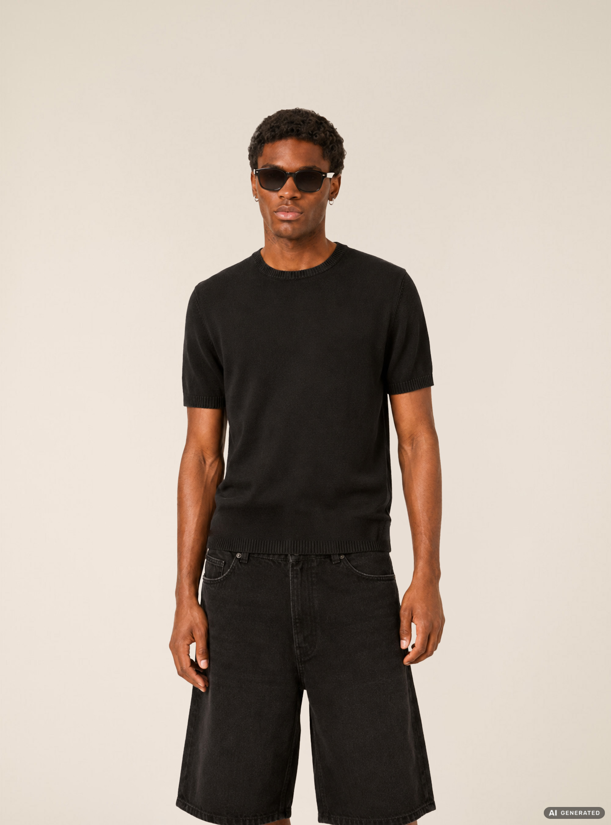 T-Shirt en Maille L&eacute;g&egrave;re &agrave; Manches Courtes, BK1 BLACK