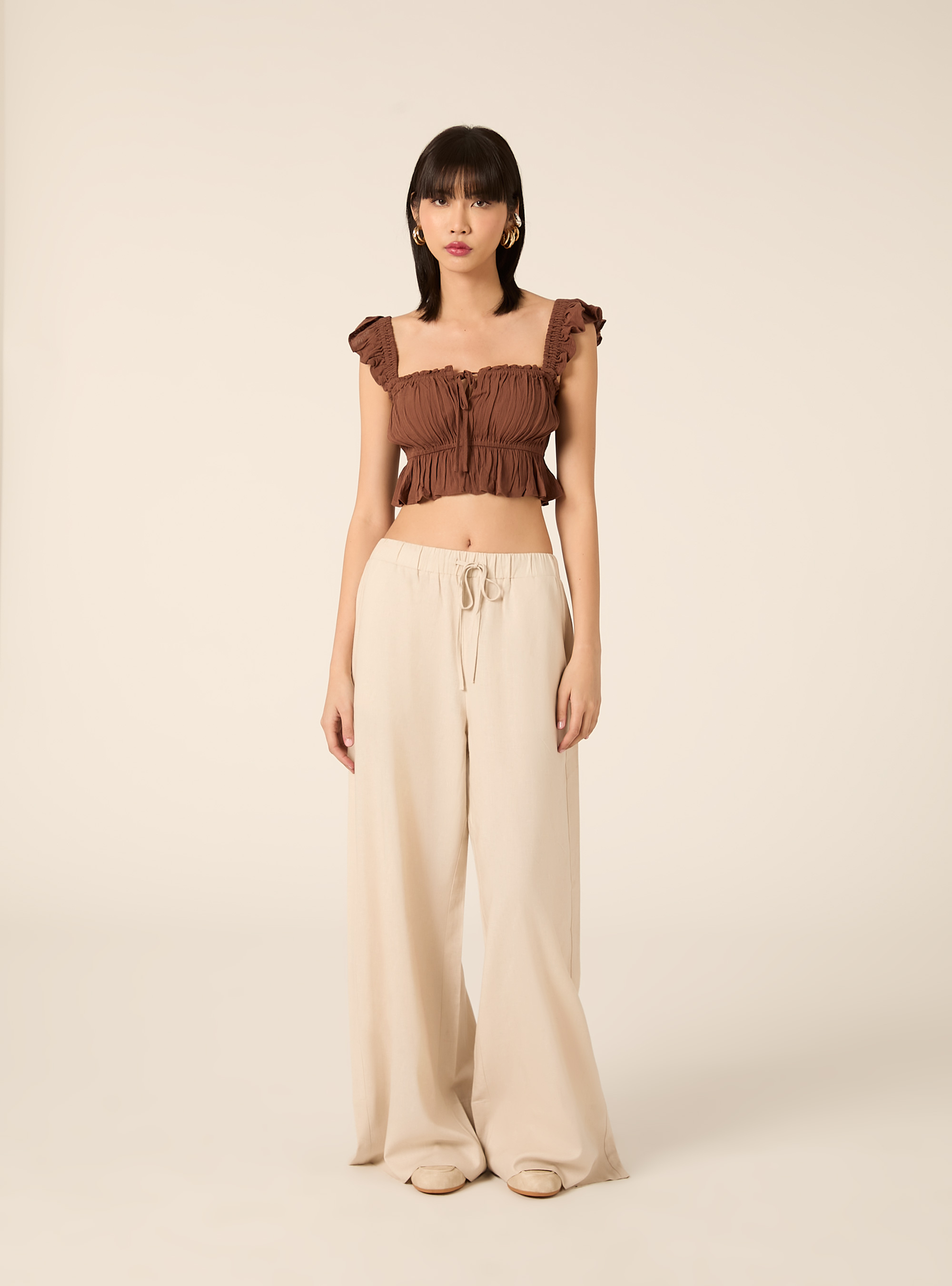 Top aus Crepe mit R&uuml;schen, BR2 BROWN MEDIUM
