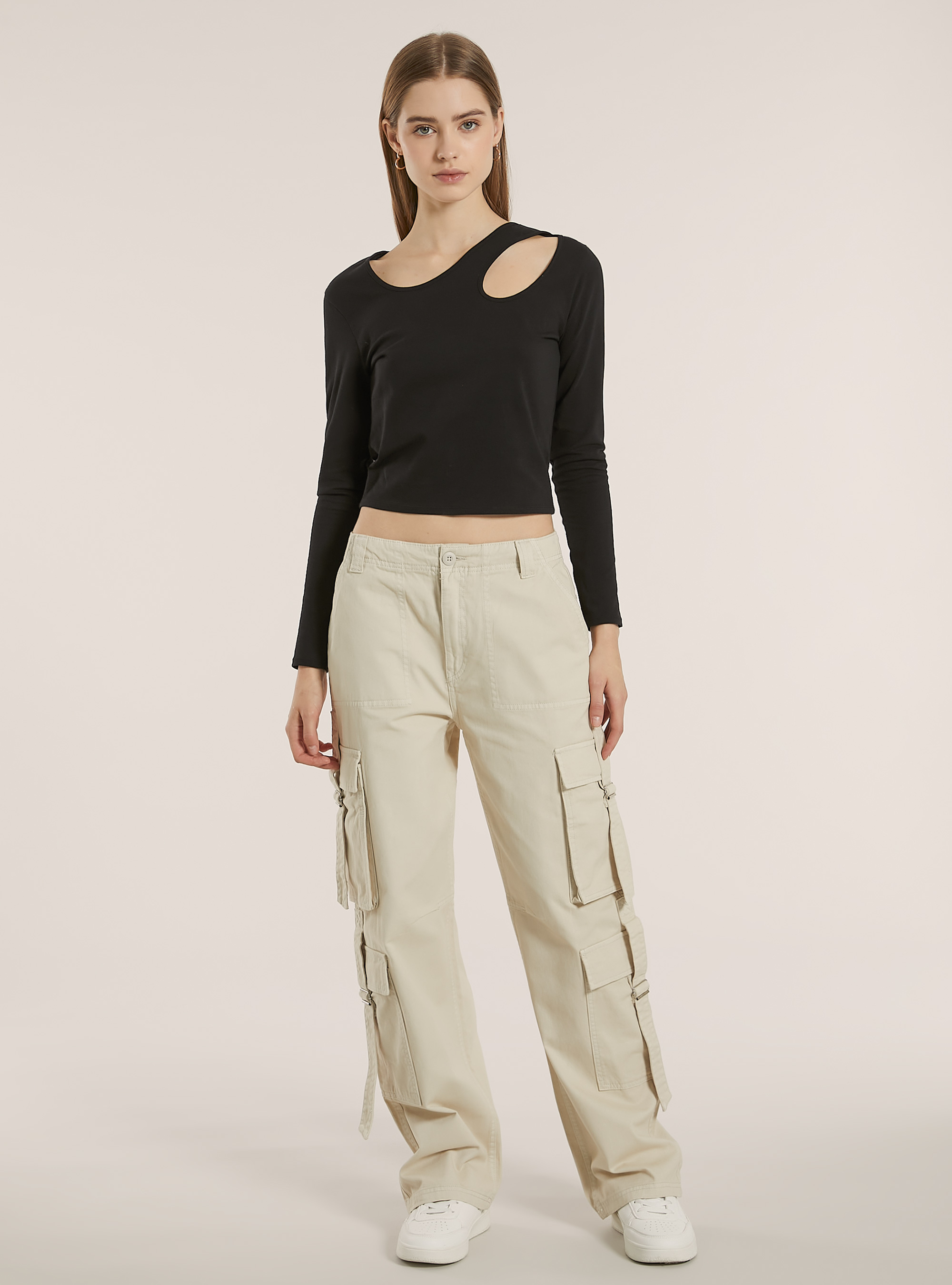 Pantalon multi-cargo en serg&eacute;, BG3 BEIGE LIGHT