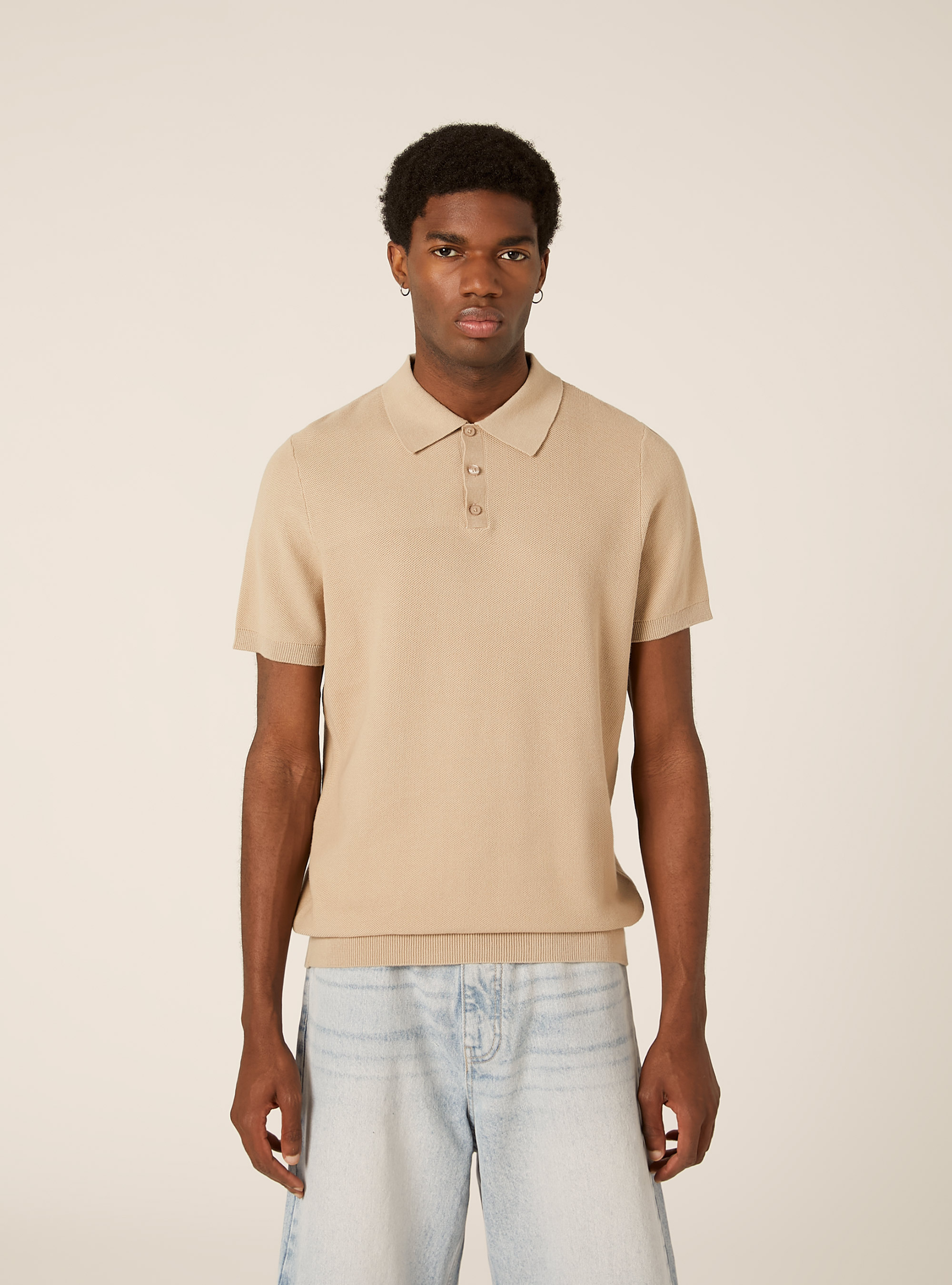 Cotton blend knitted polo shirt, BG2 BEIGE MEDIUM