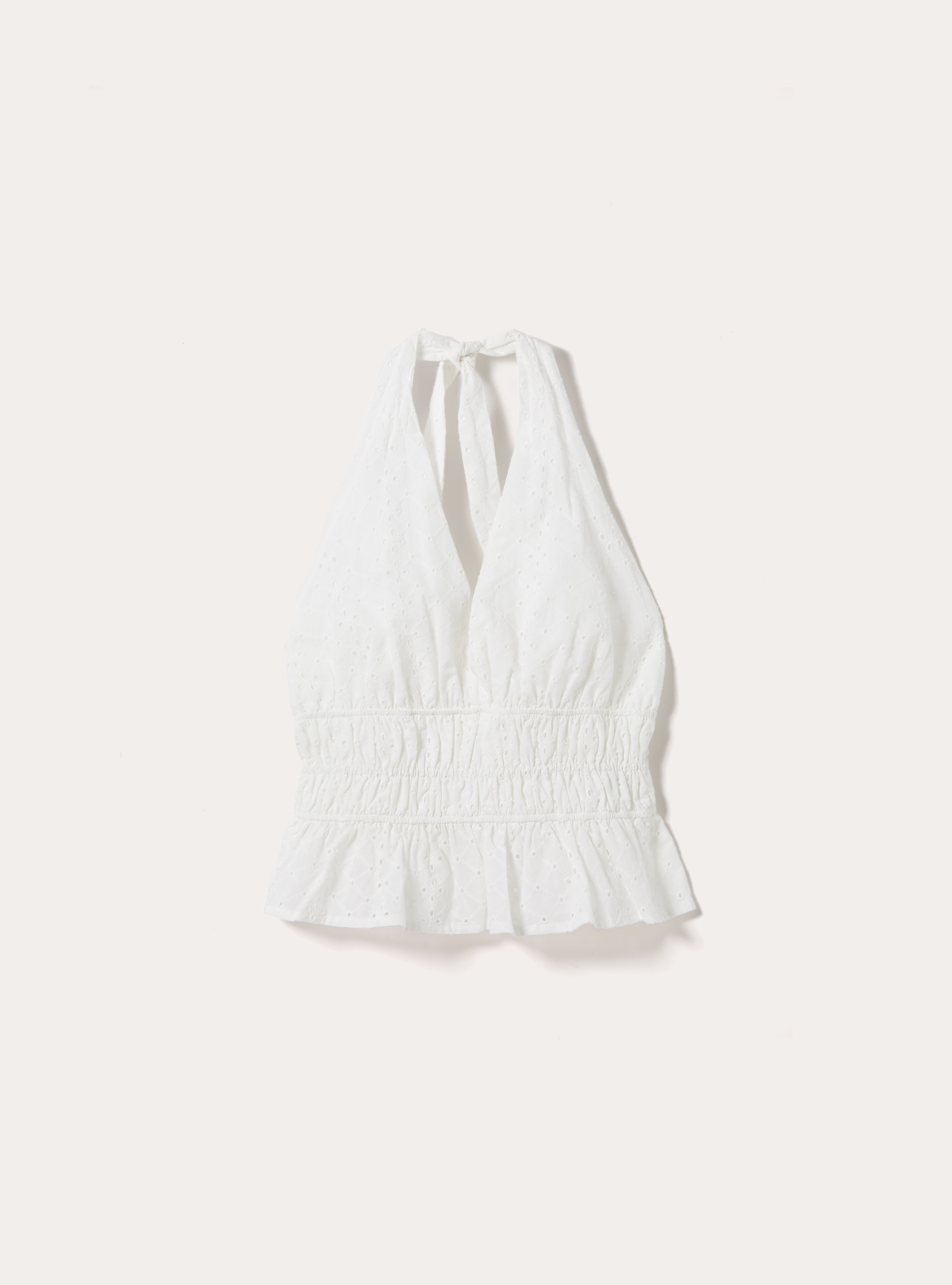 Broderie Anglaise Halter Top with Smocked Waist and Flounce, WH2 WHITE