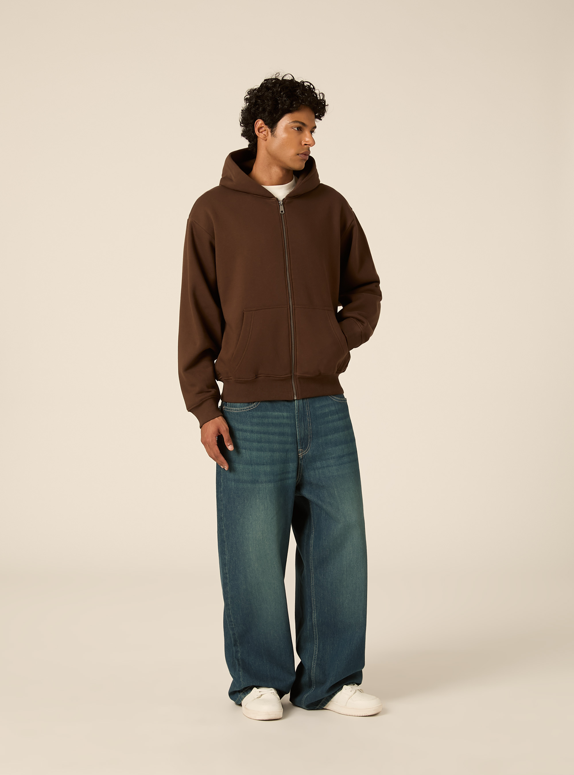 Felpa Boxy fit con zip e cappuccio, MARRONE MEDIO