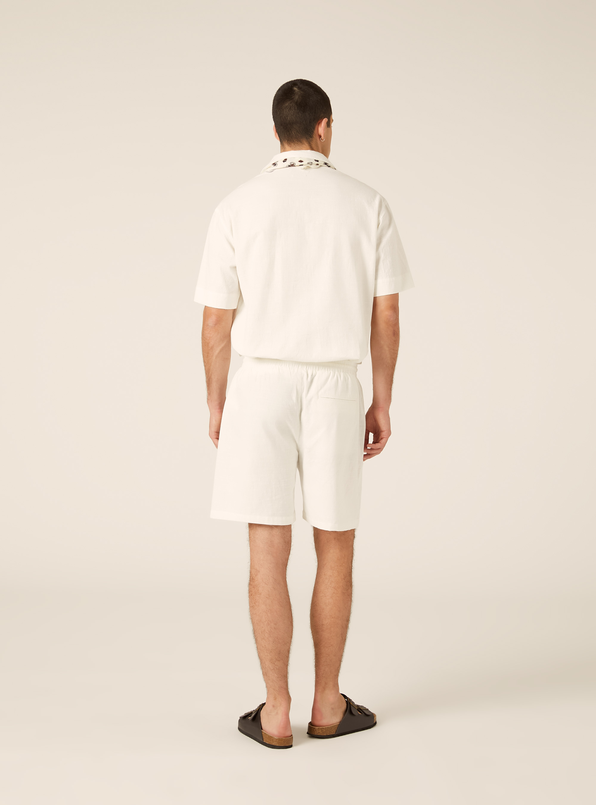 Bermuda in misto lino con laccio in vita, OFF WHITE