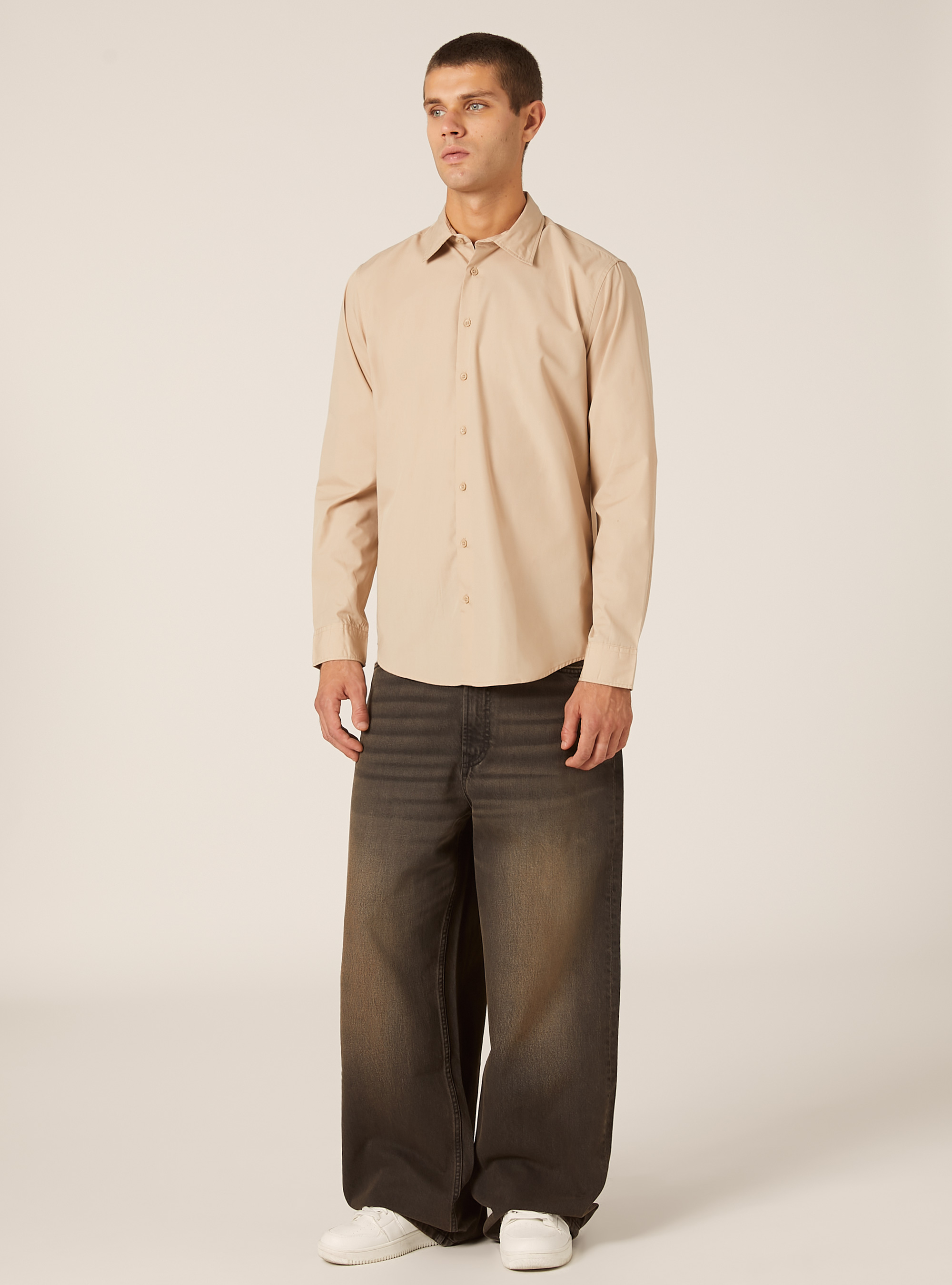 Chemise &agrave; manches longues unie, BG2 BEIGE MEDIUM