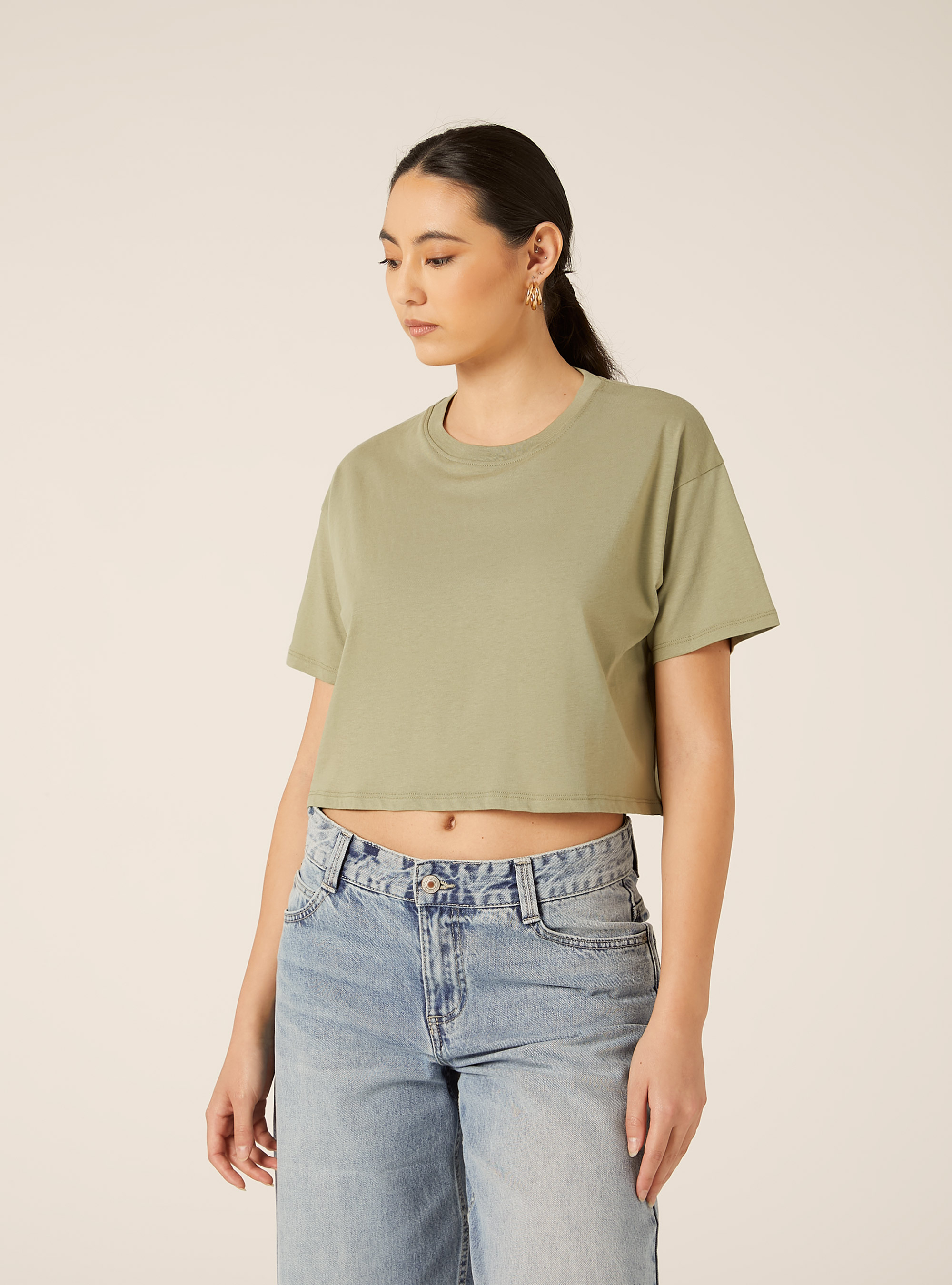 Basic Crew Neck Cropped T-Shirt, KY2 KAKY MEDIUM