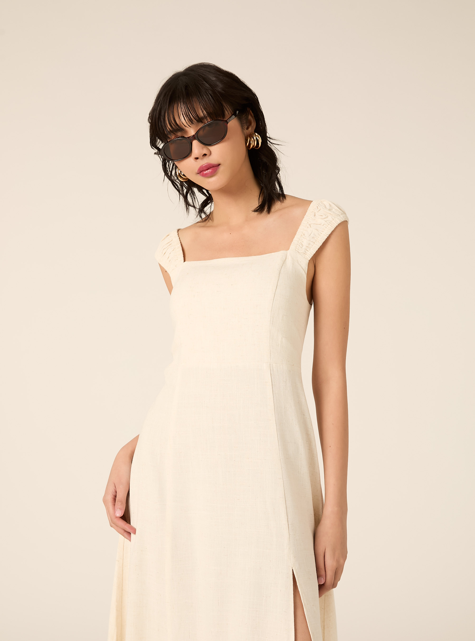 Linen-blend dress with an open back, MBG3 BEIGE MEL LIGHT