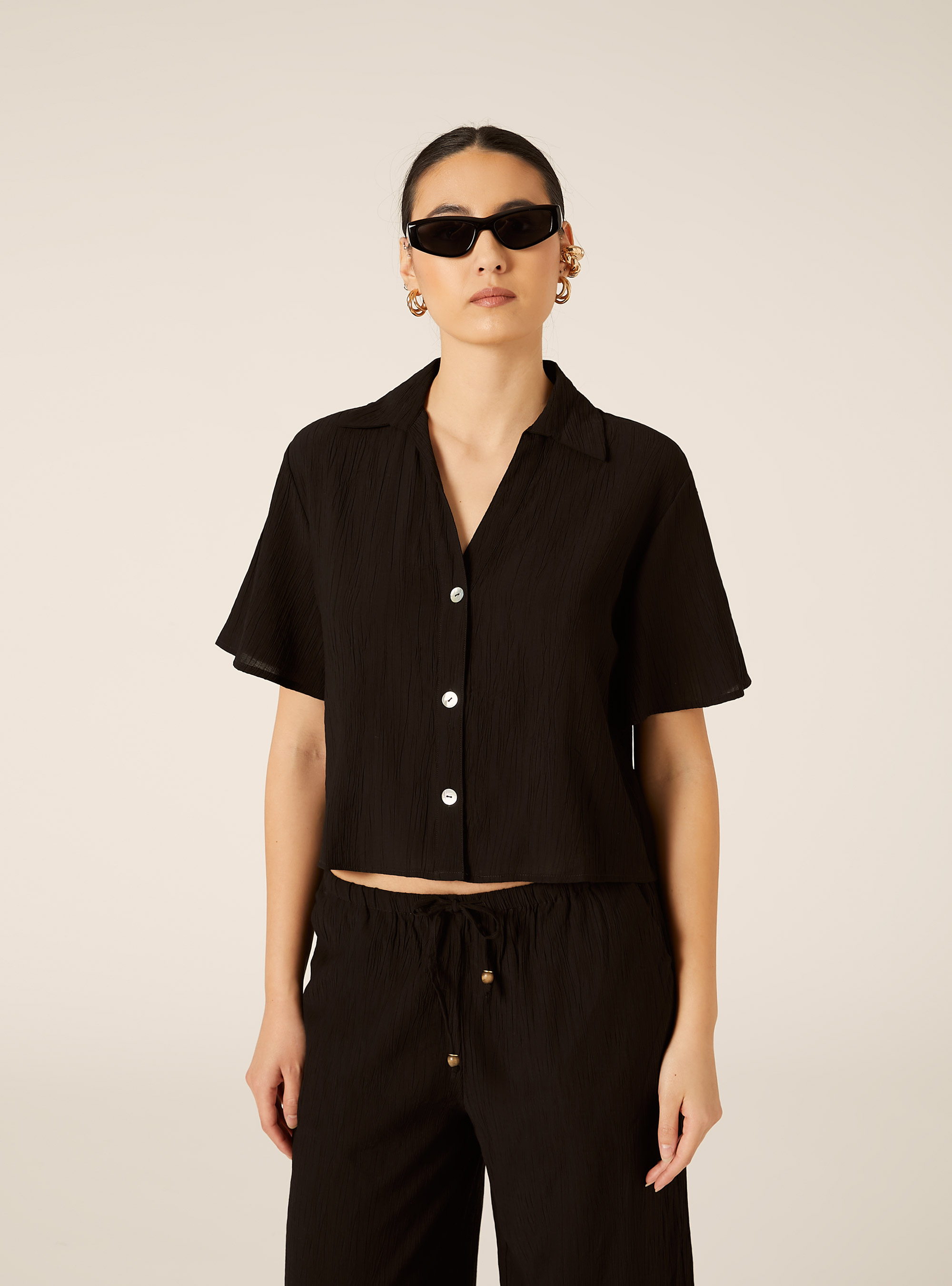 Camicia maniche corte in crepe, BK1 BLACK