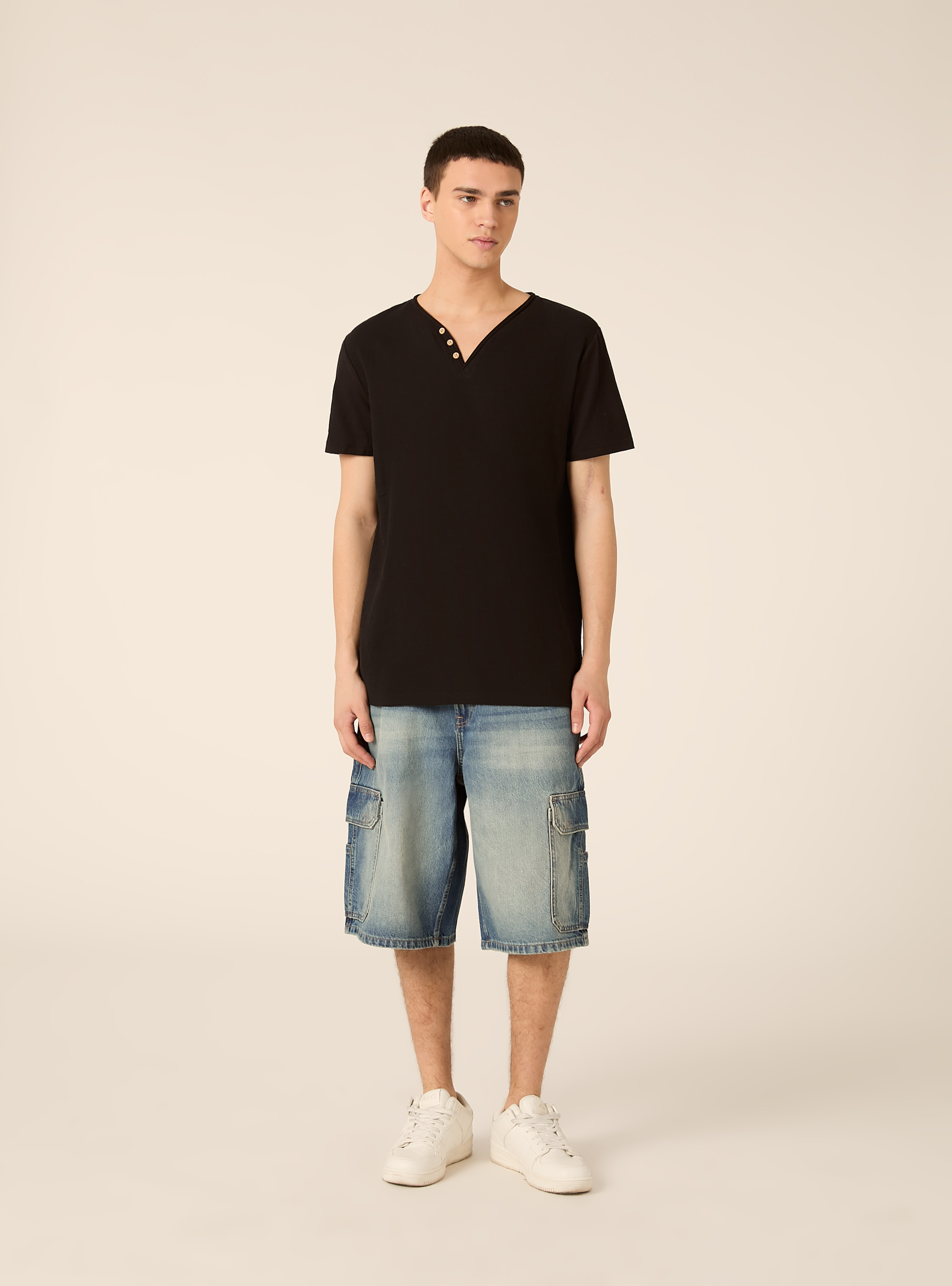 V-neck linen blend T-shirt, BK1 BLACK
