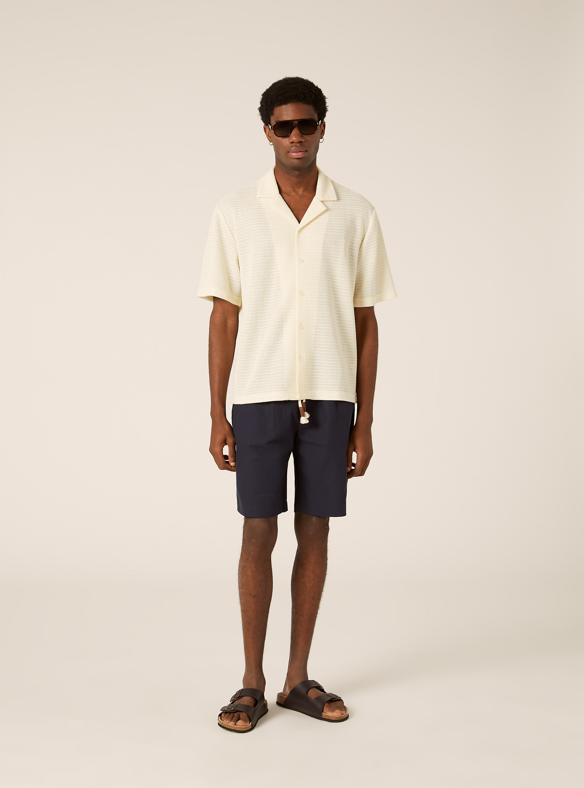 Crochet-Effect Lightweight Knit Bowling Shirt, WH1 OFF WHITE