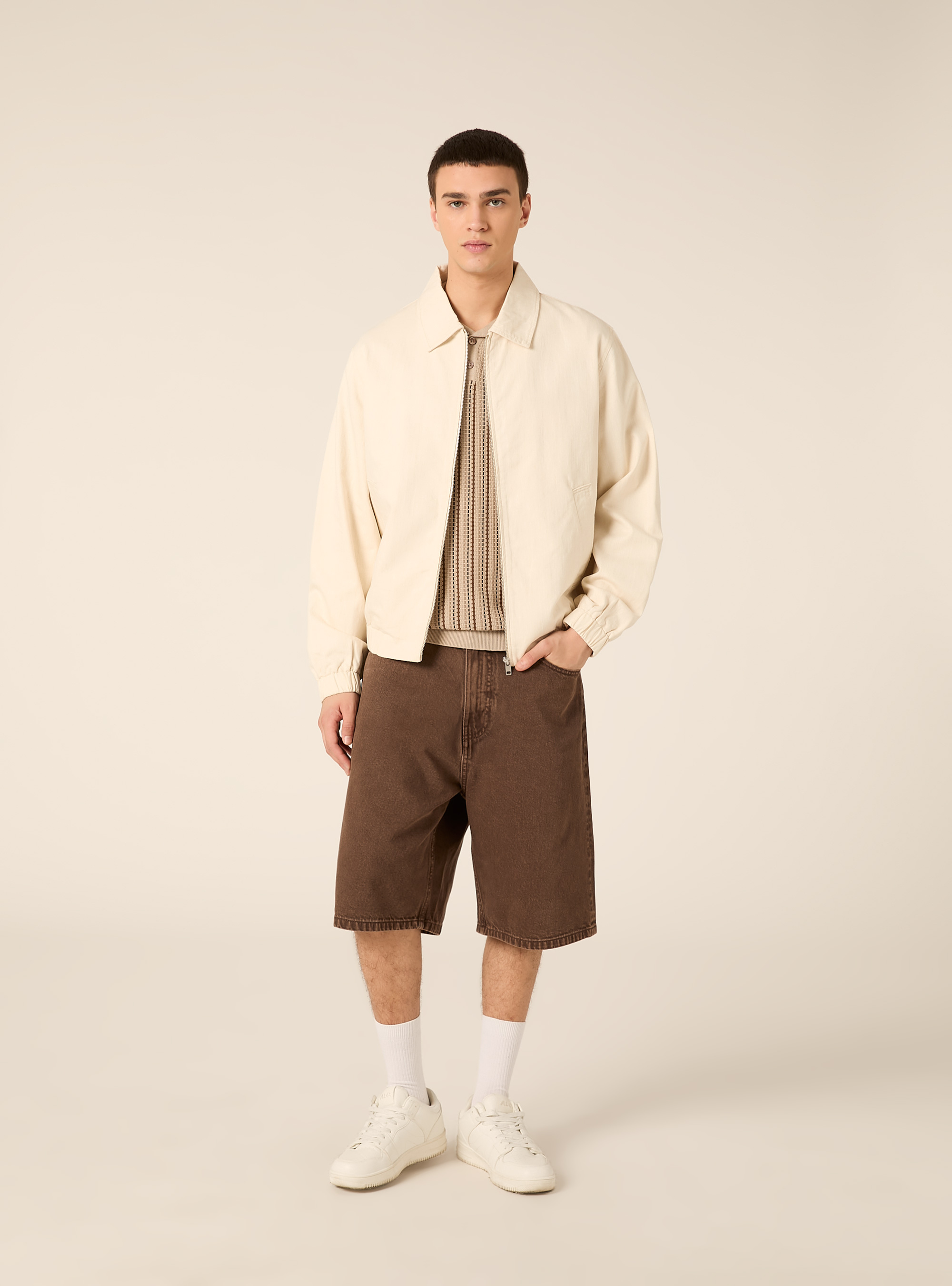 Regular-fit linen bomber jacket, MCR3 CREAM MEL LIGHT