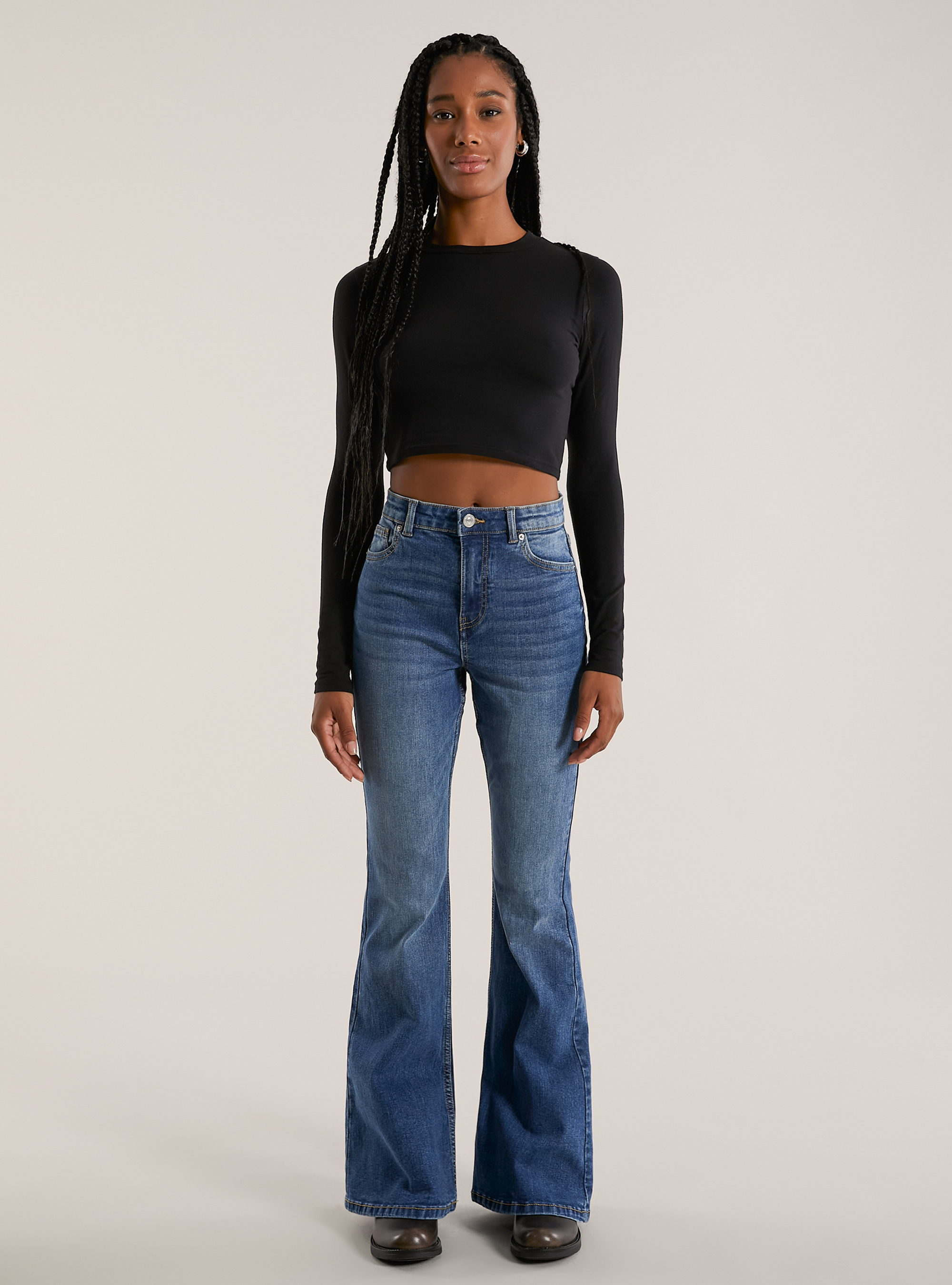 Jean flare taille haute, D002 MEDIUM DARK BLUE