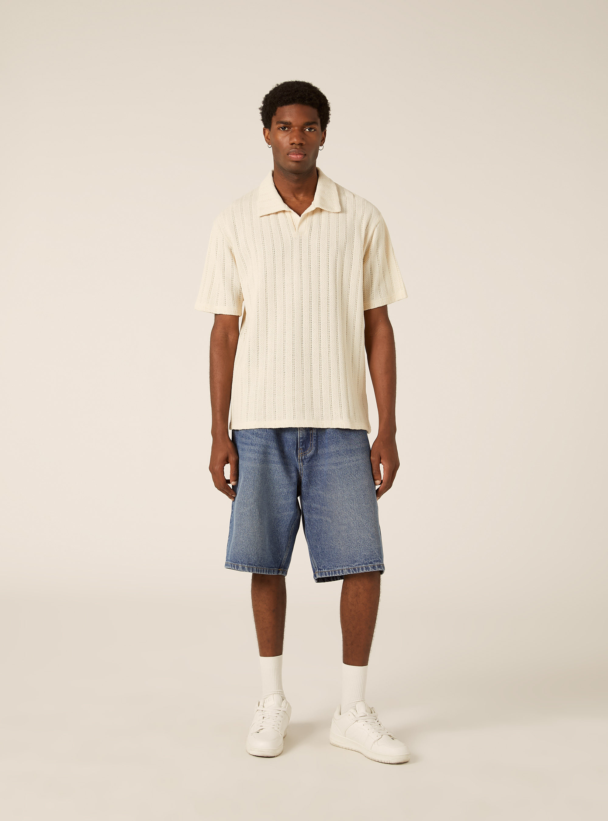Polo in maglia traforata, CREMA CHIARO