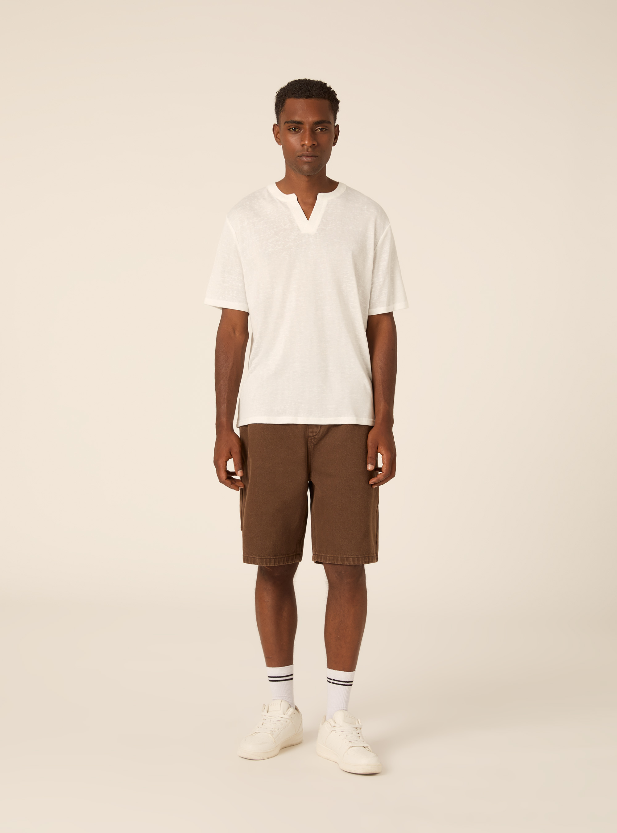 Notch Neck Short Sleeve Textured T-Shirt, WH1 OFF WHITE