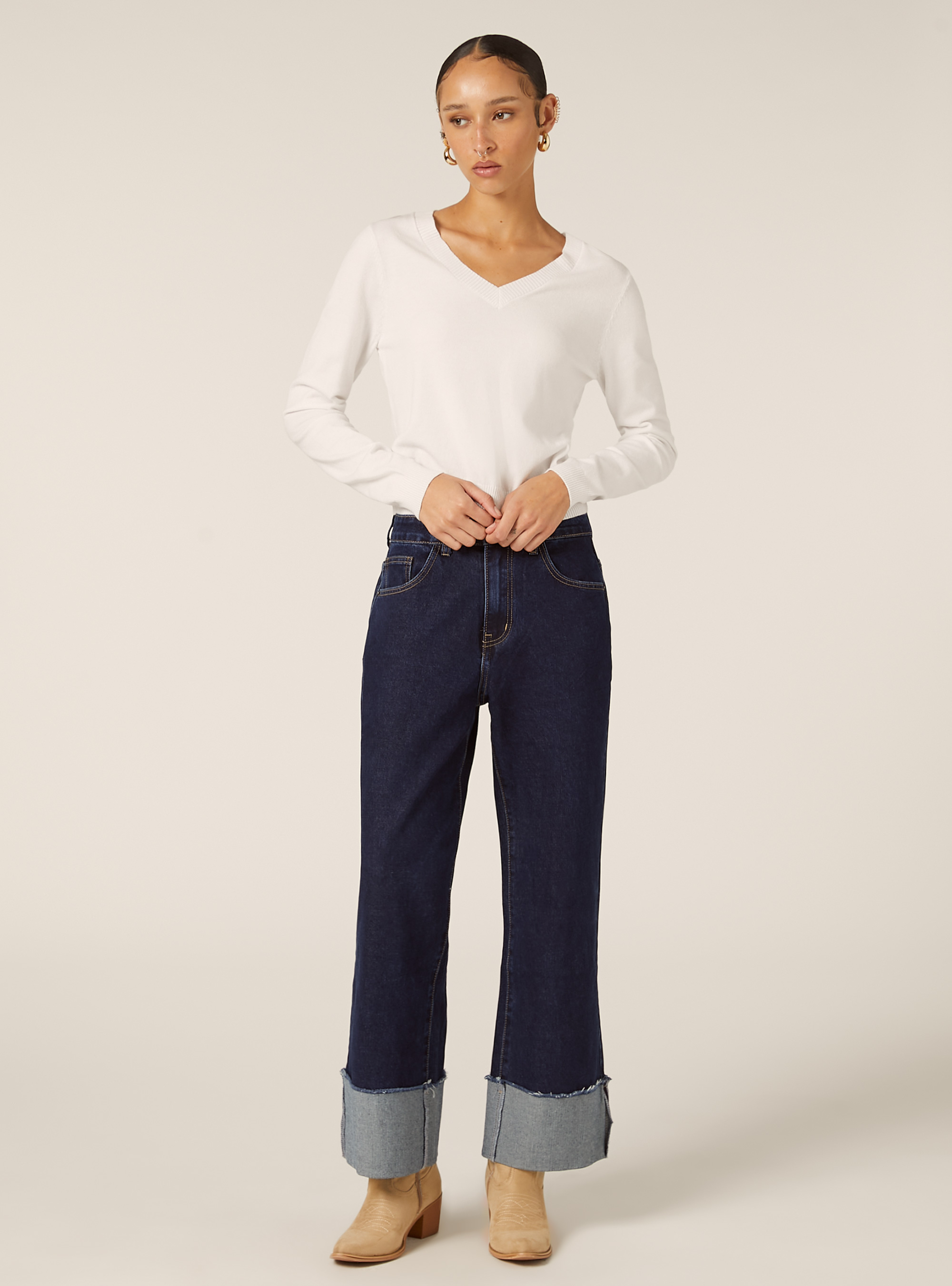 Pull &agrave; col en V coupe boxy, WH2 WHITE