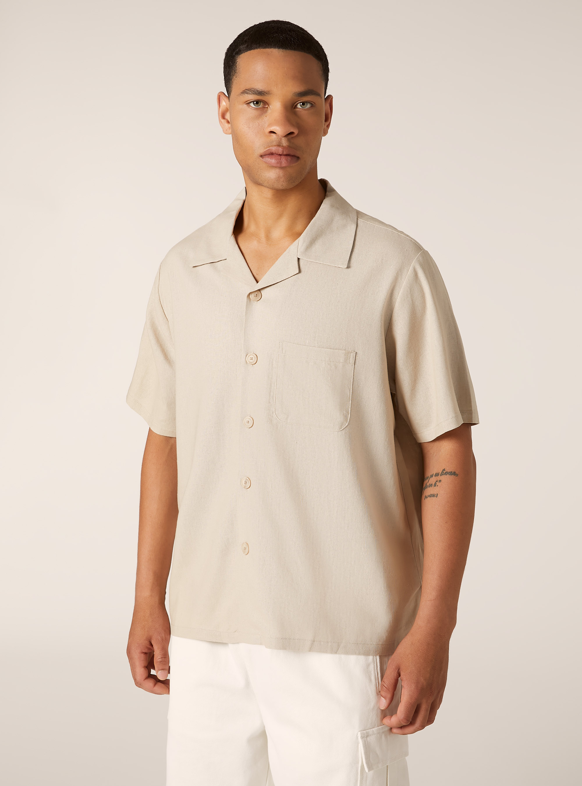 Linen blend shirt with breast pocket, BG3 BEIGE LIGHT